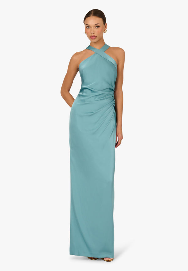 Adrianna Papell ADAE213052 Halter Floor-Length Satin Formal Dress Slit