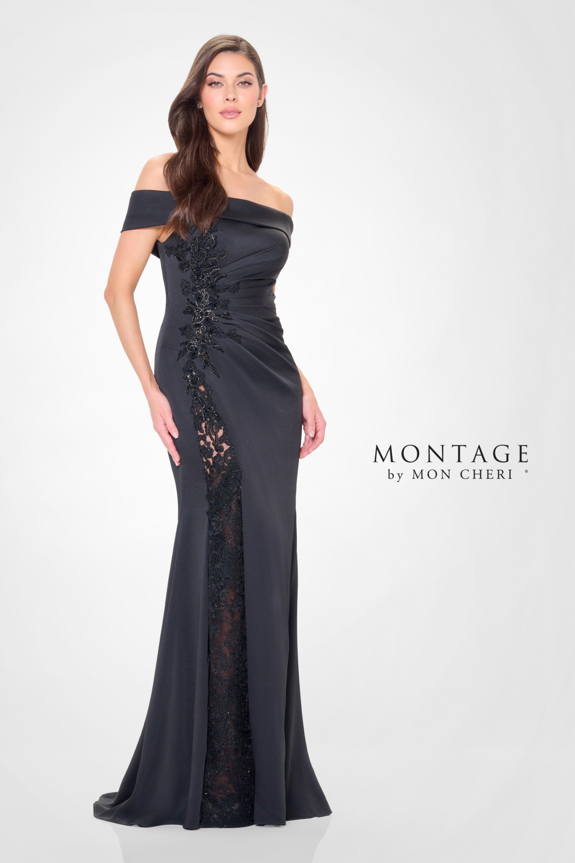 Montage M535 Long Formal Beaded Lace Applique Evening Dress