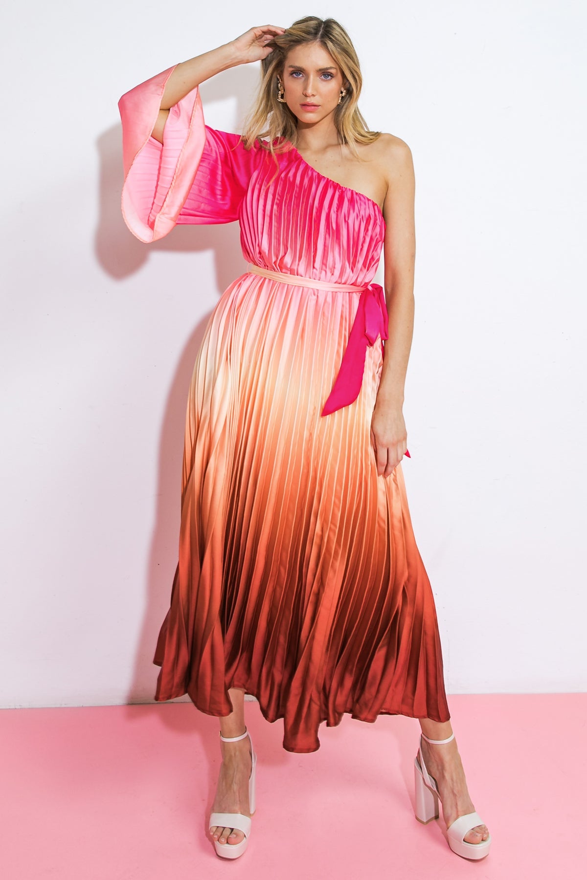 Cocktail Dresses Pleated Tea Length Formal Cocktail Dress Flying Tomato ID20520 Fuchsia Rust