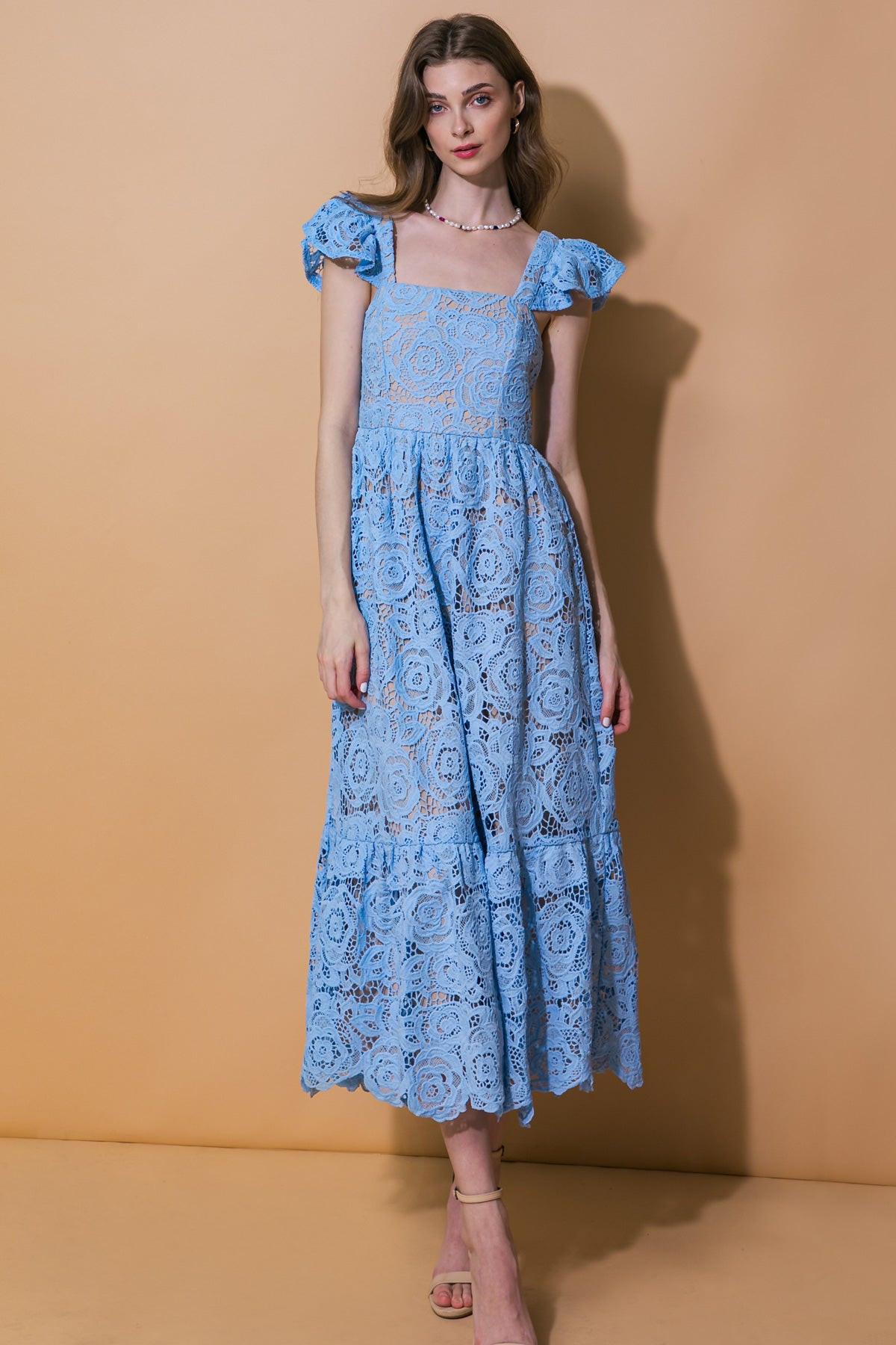 Baby Blue Square Neck Midi-Length Lace Cocktail Dress Floral Flying Tomato ID20631