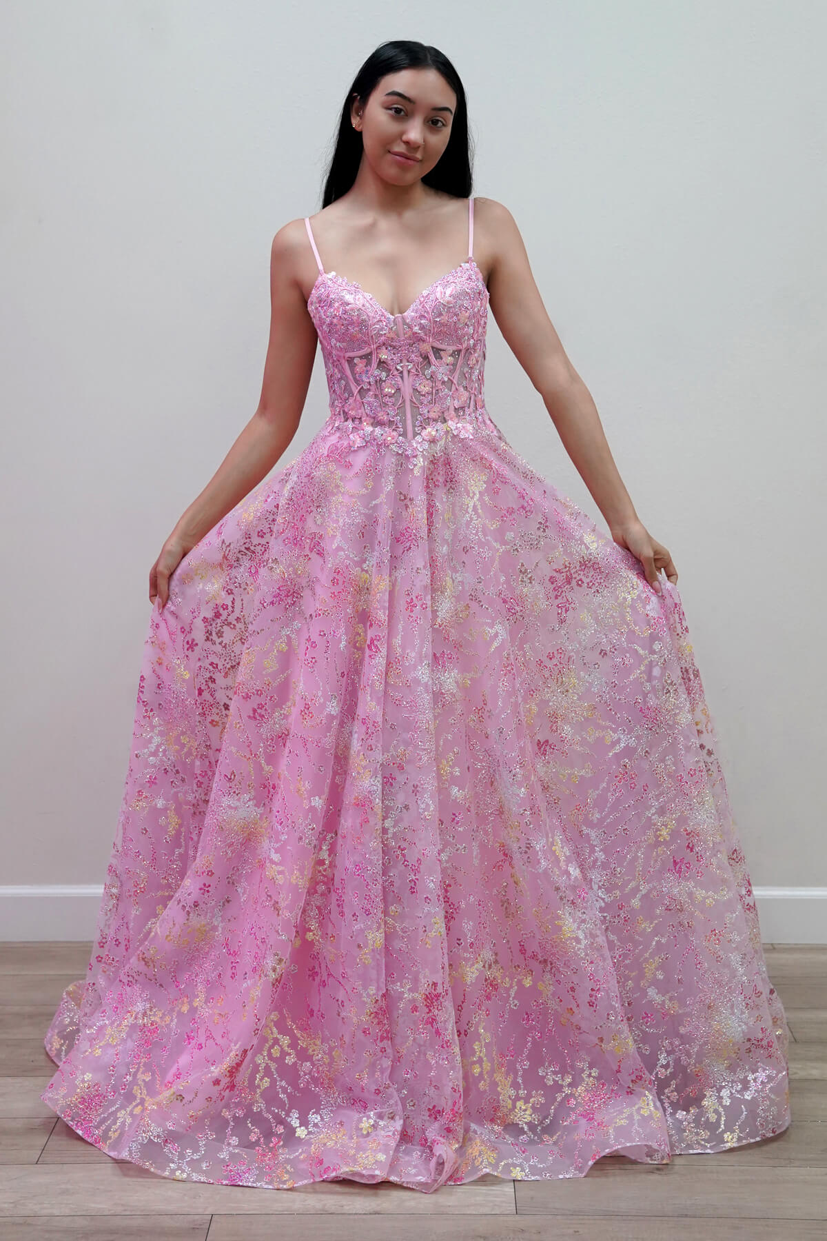 Prom Dresses Strapless Floor-Length Tulle Gown with Corset Bodice and Lace Formal Gown Juliet JUJT2642G Juliet Baby Pink