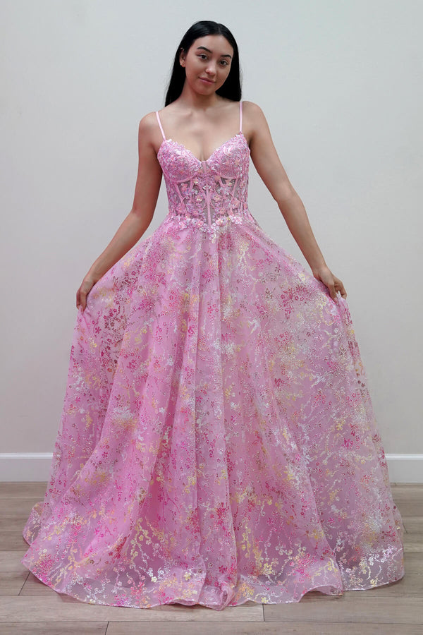 Strapless Floor-Length Tulle Gown with Corset Bodice and Lace Formal Gown Juliet JUJT2642G