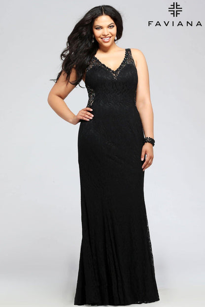 Faviana 9386 V-Neck Lace Plus Size Evening Dress - The Dress Outlet Faviana