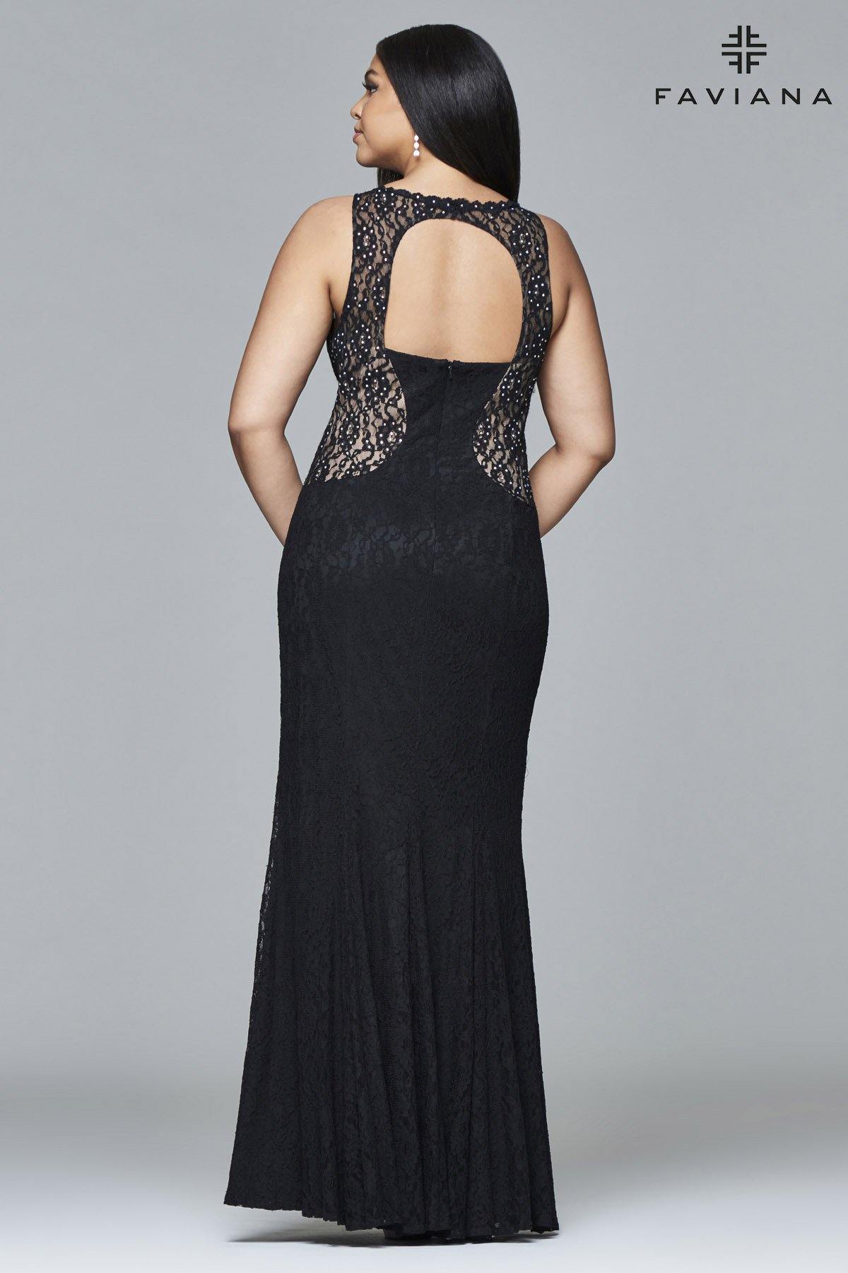 Faviana 9386 V-Neck Lace Plus Size Evening Dress - The Dress Outlet Faviana