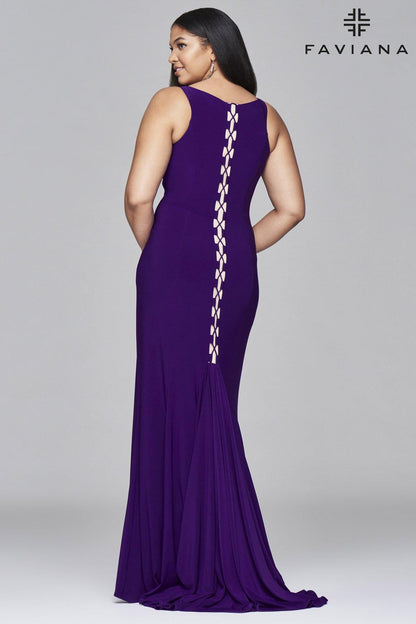 Faviana 9416 Lace-Up Fitted Plus Size Long Formal Dress - The Dress Outlet Faviana
