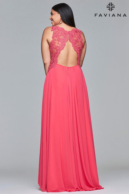 Faviana 9433 Lace Peek-a-boo Panel A-line Long Formal Dress - The Dress Outlet Faviana