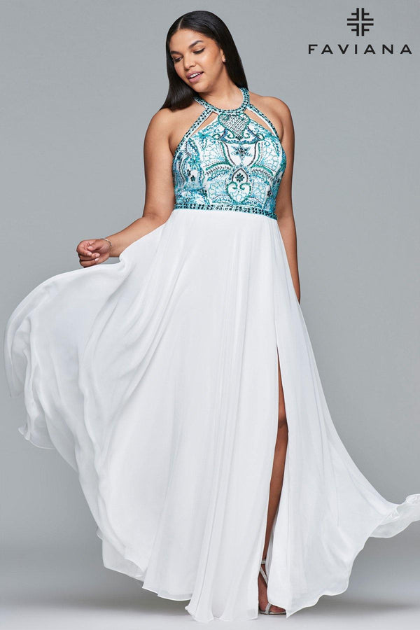 Faviana 9434 Embroidered High Neck A-line Long Formal Dress