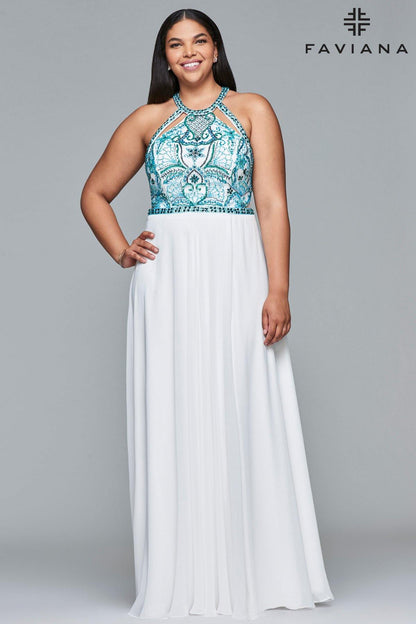 Faviana 9434 Embroidered High Neck A-line Long Formal Dress - The Dress Outlet Faviana