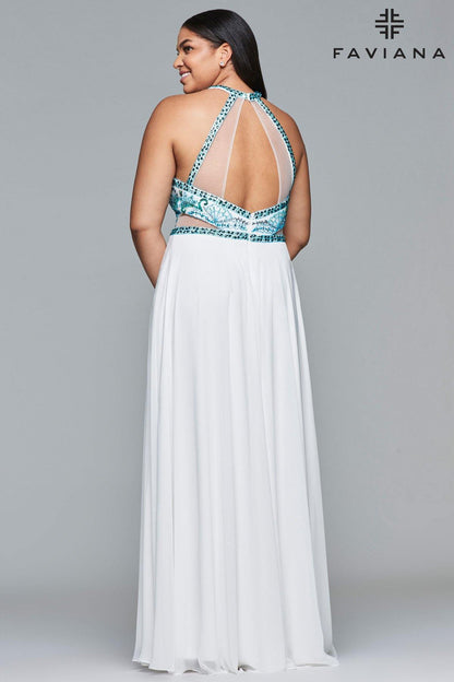 Faviana 9434 Embroidered High Neck A-line Long Formal Dress - The Dress Outlet Faviana
