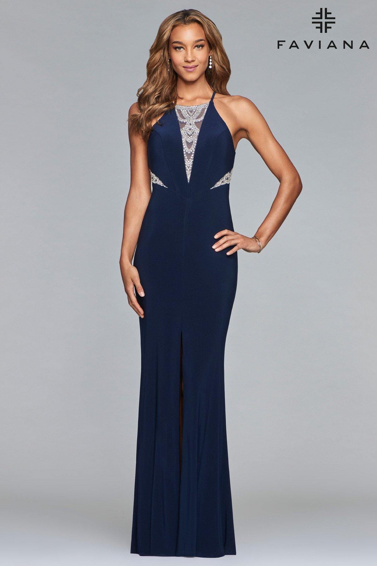 faviana navy blue prom dress Royal Blue Long Tulle Prom Dress With Beaded Applique And Scoop Neckline
