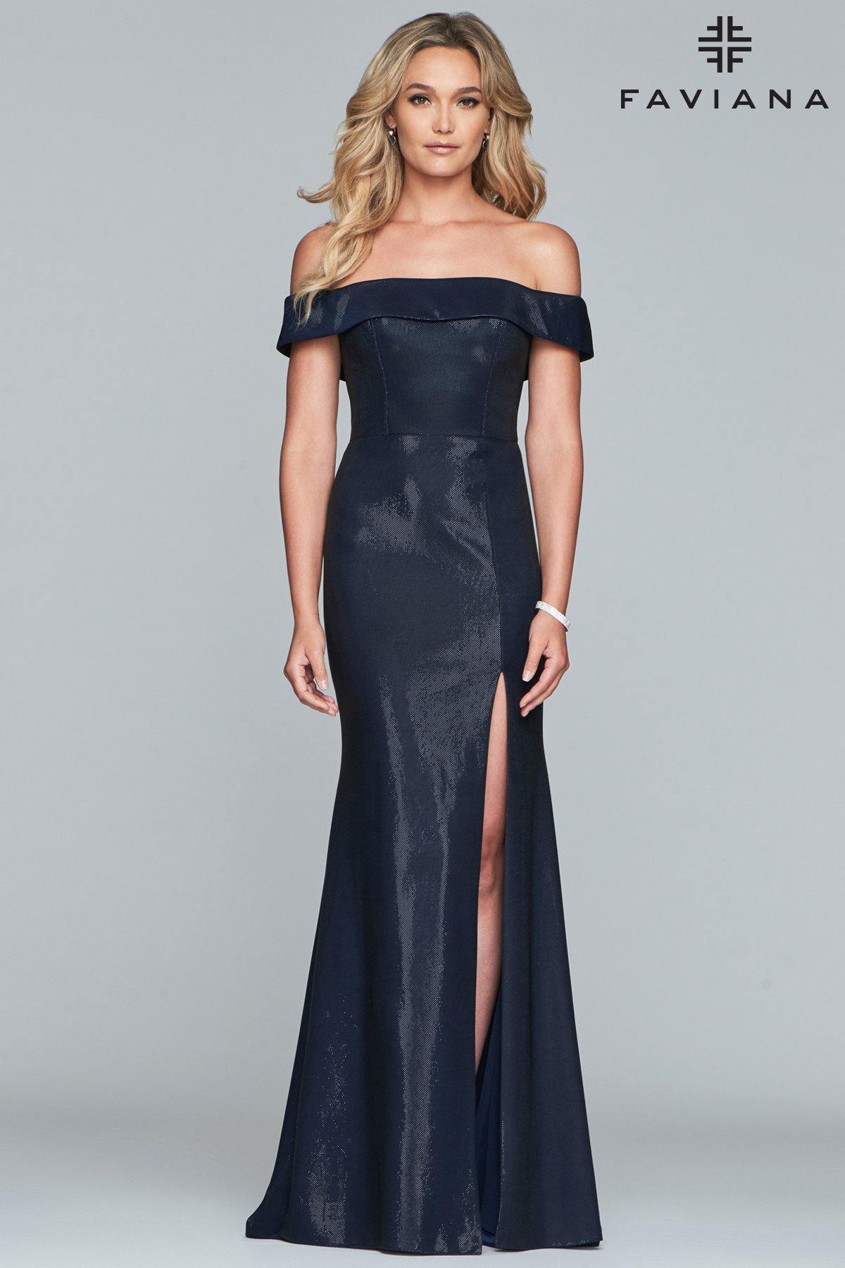 Faviana S10216 Long Off Shoulder Metallic Long Gown - The Dress Outlet Faviana