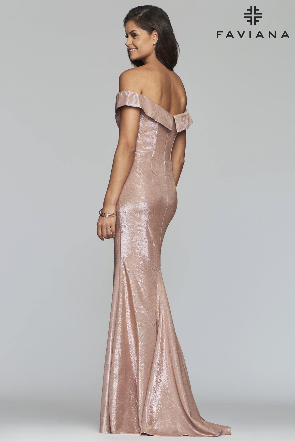 Faviana S10216 Long Off Shoulder Metallic Long Gown - The Dress Outlet Faviana