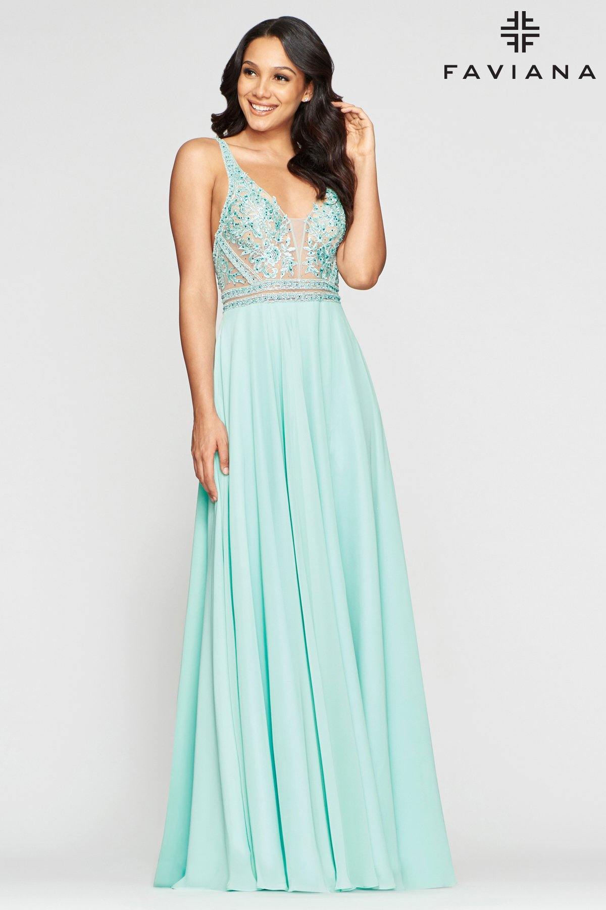 Faviana S10414 Beaded Long Chiffon Prom Dress - The Dress Outlet Faviana