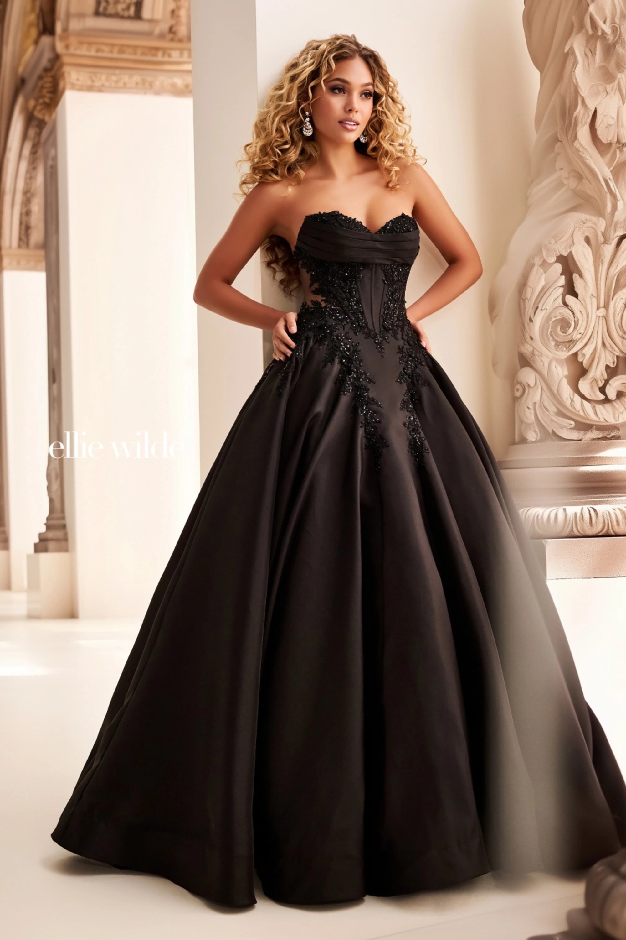 strapless open back dress Ellie Wilde 37082 Beaded Long Formal Ball Gown Prom Dress – The Dress Outlet