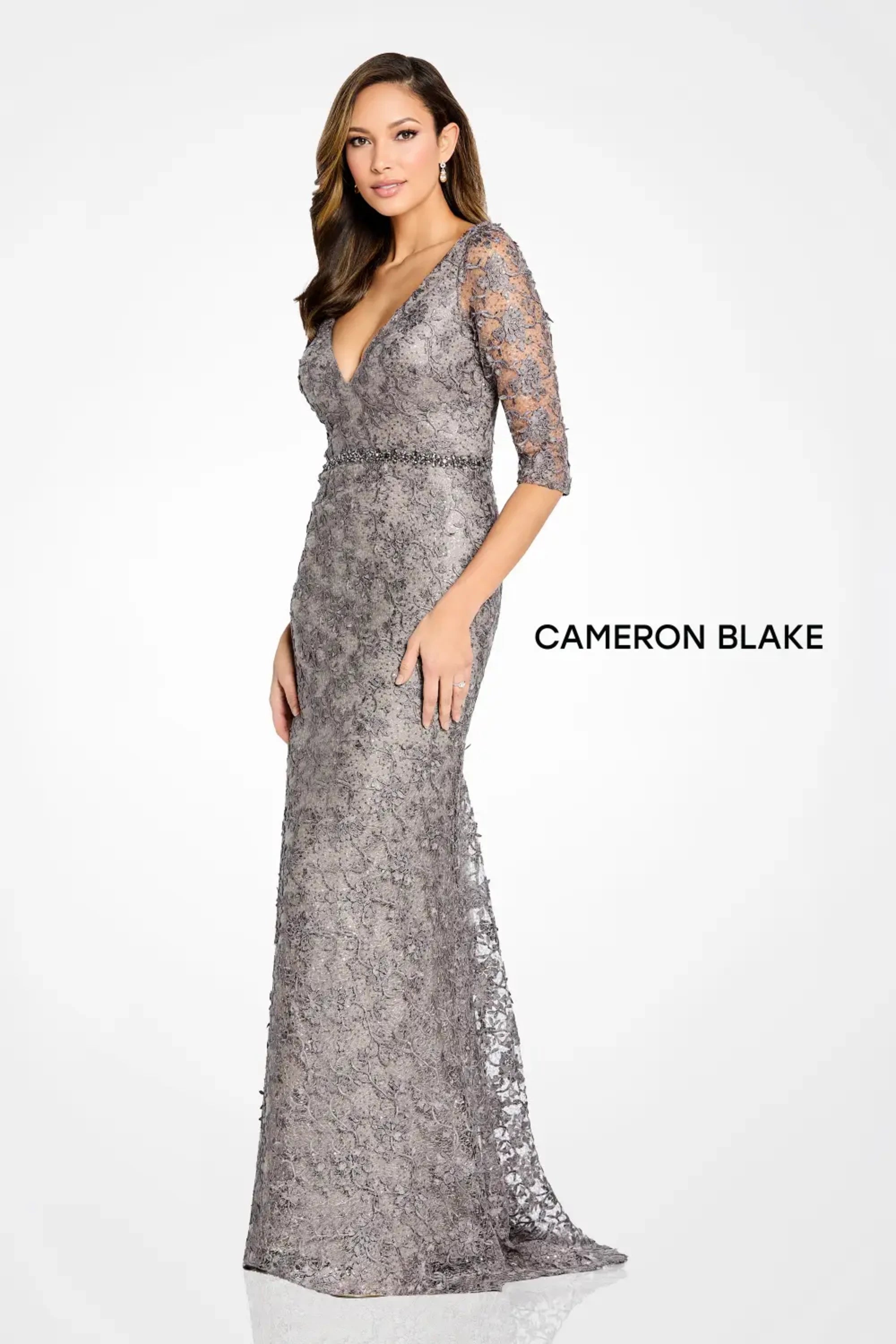 Formal Dresses Long Lace Formal Evening Beaded Dress Pewter