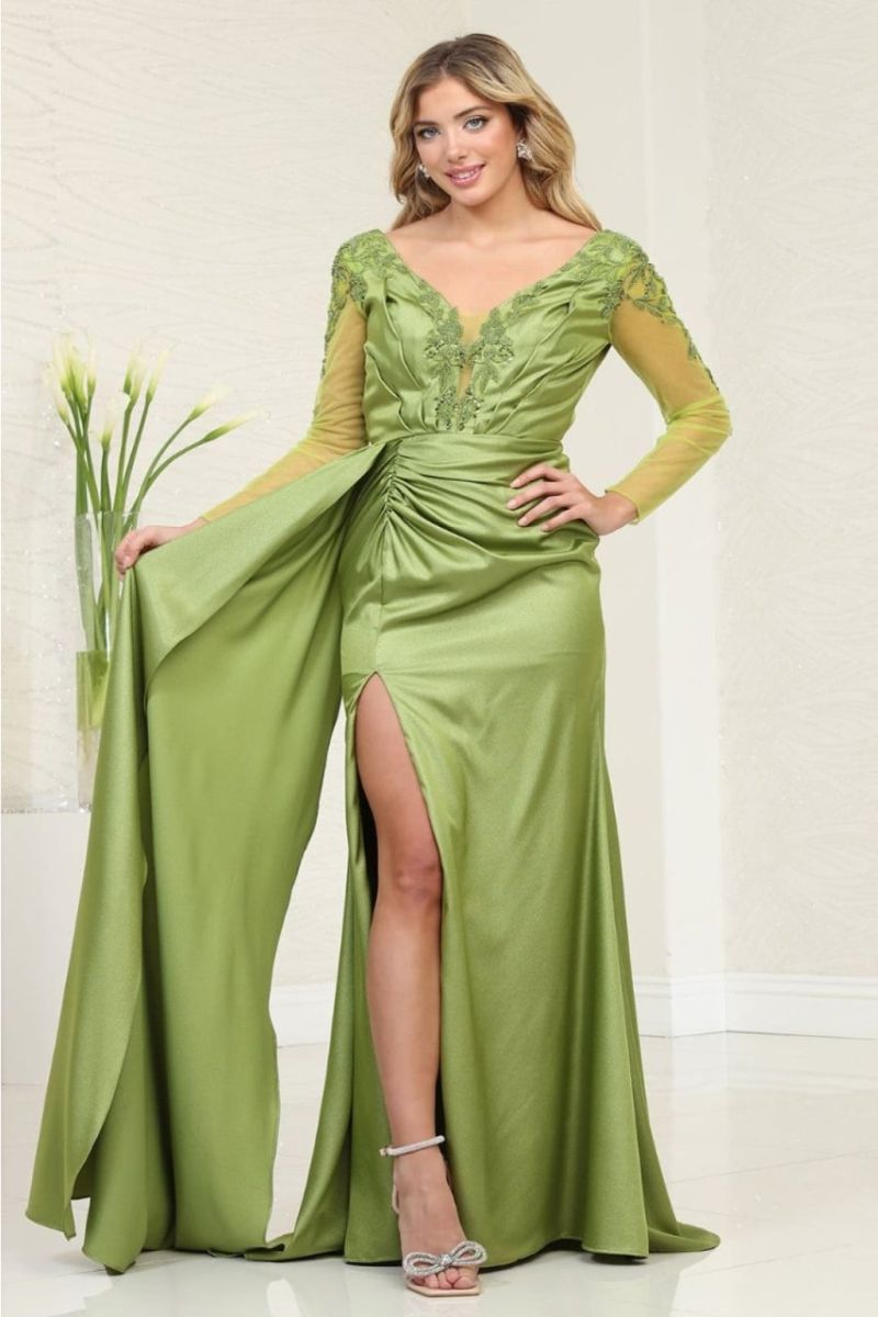 V-Neck Floor-Length Satin Evening Gown A-Line May Queen RQ8045