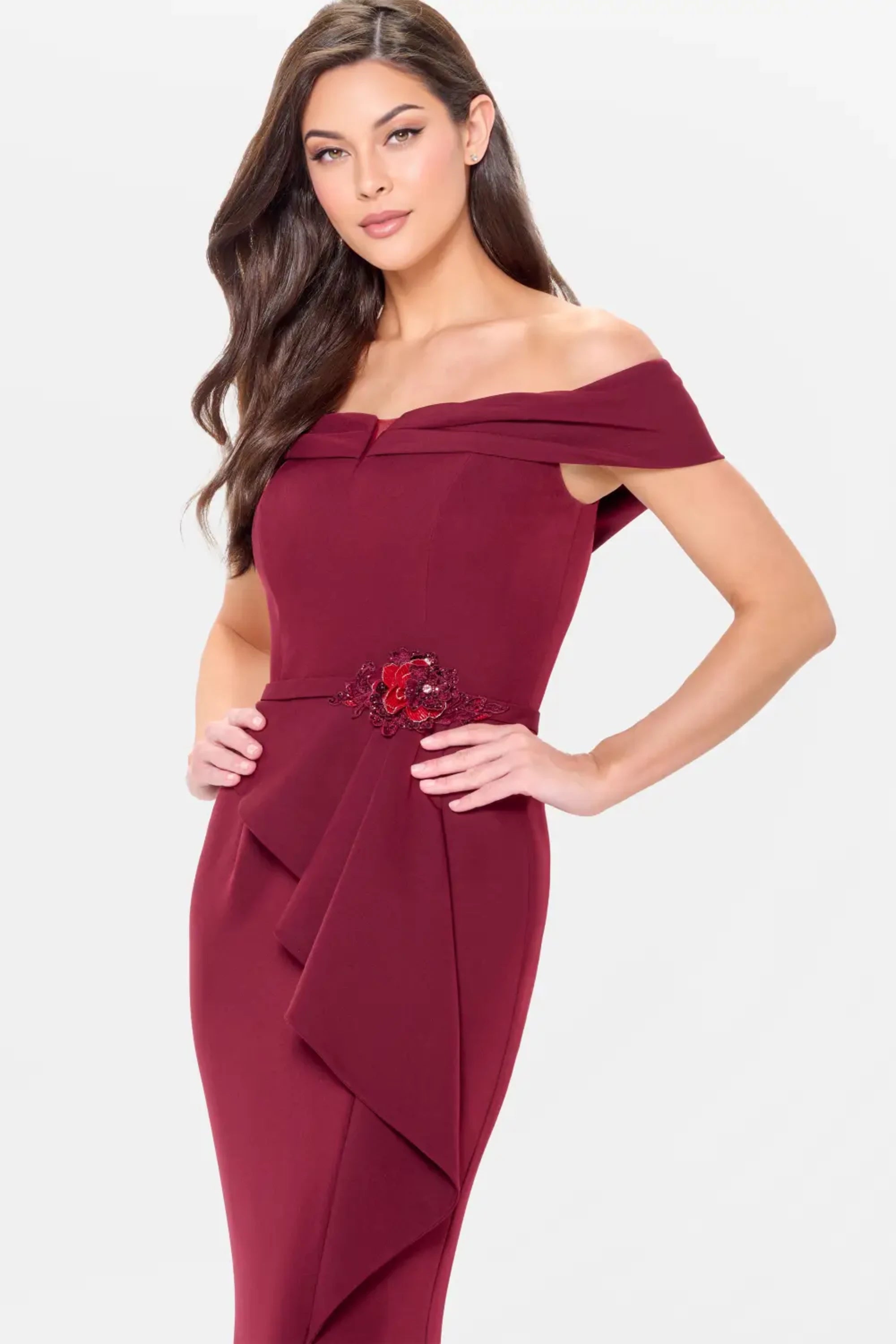 Formal Dresses Long Floral A Line Formal Peplum Evening Dress Bordeaux
