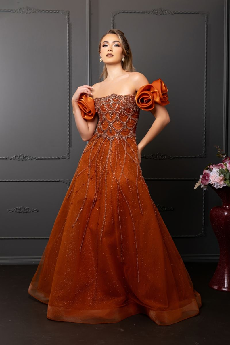 Rust Off-the-Shoulder Floor-Length Mesh Prom Dress Floral Sleeves May Queen MQRQ8260