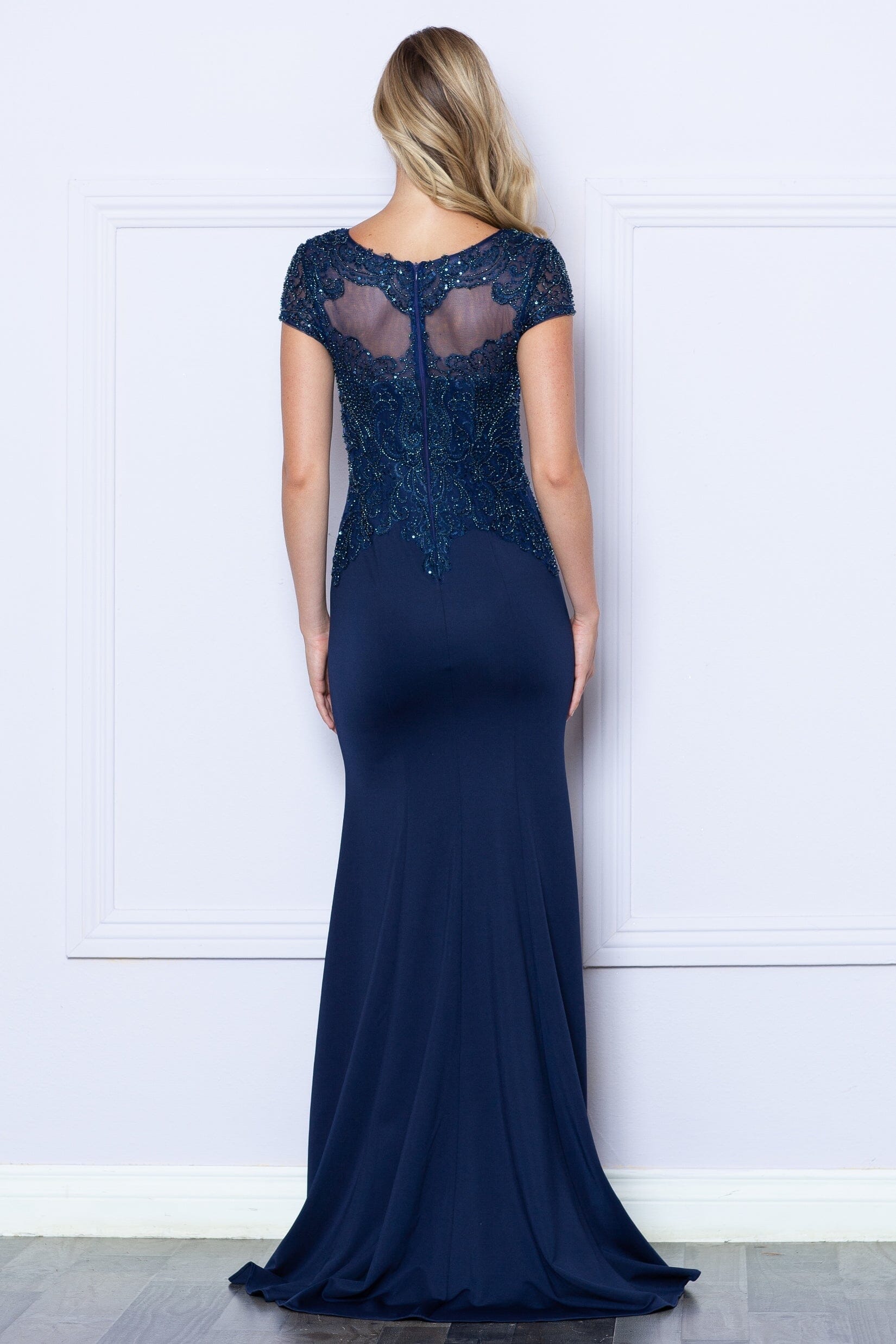 Navy Scoop Neckline Floor Length Chiffon Prom Dress with Sweep Train Formal Gown Poly USA 9320