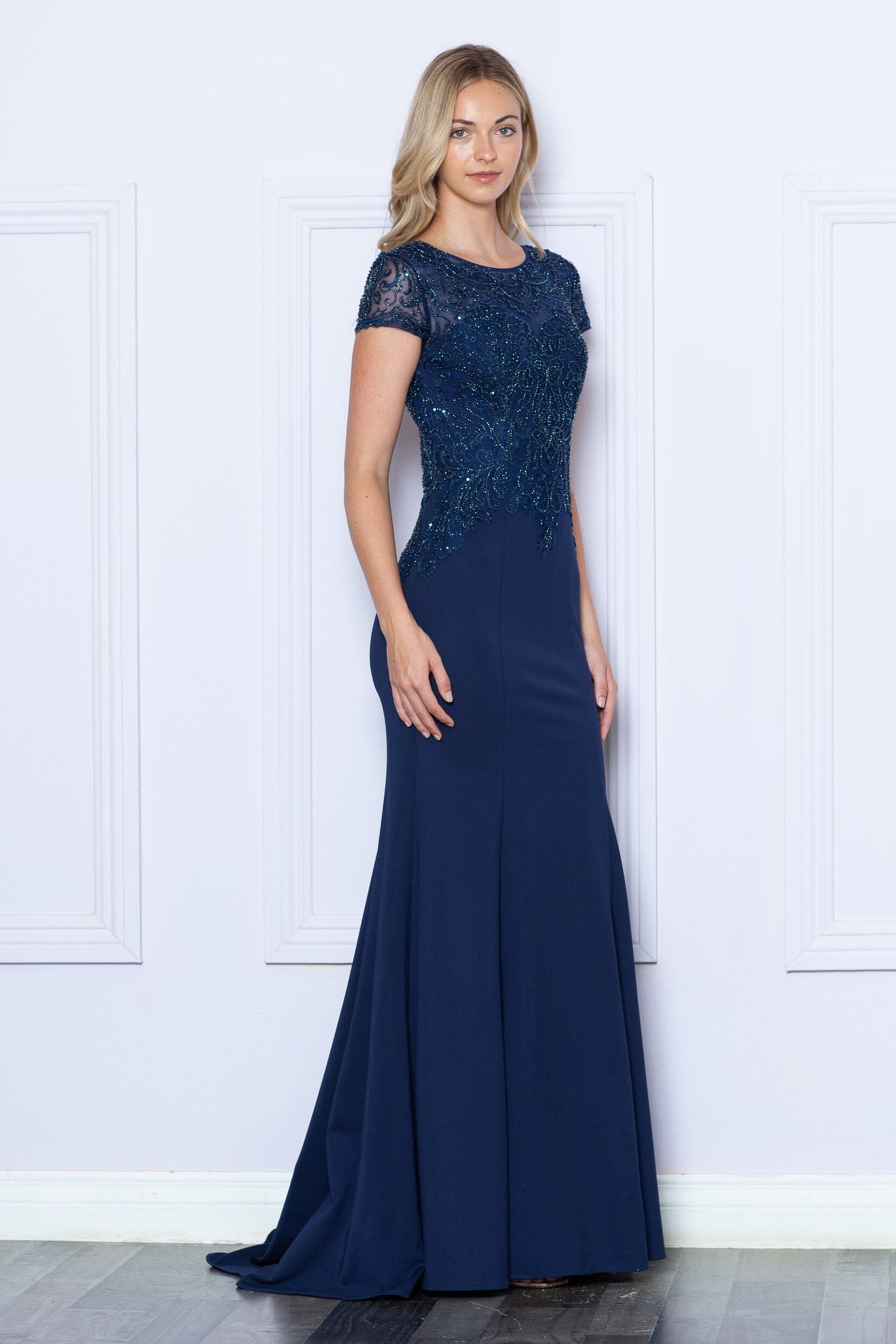 Navy Scoop Neckline Floor Length Chiffon Prom Dress with Sweep Train Formal Gown Poly USA 9320