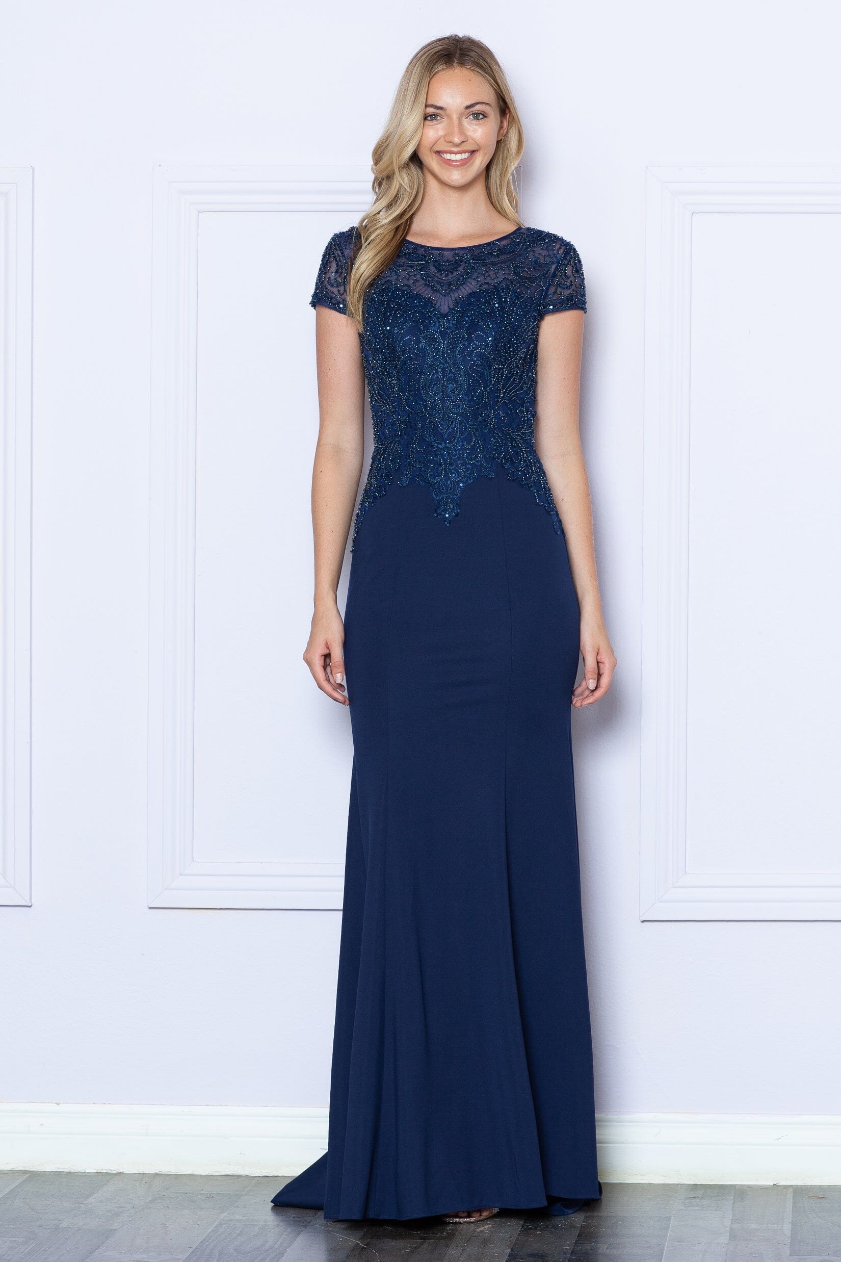 Navy Scoop Neckline Floor Length Chiffon Prom Dress with Sweep Train Formal Gown Poly USA 9320