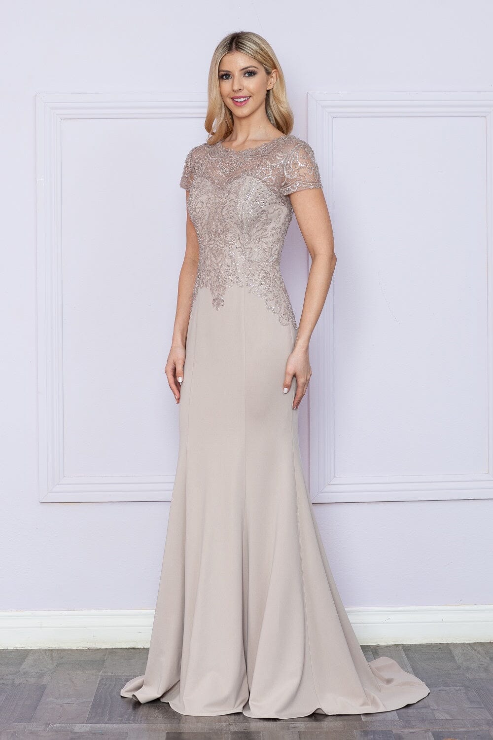 Taupe Scoop Neckline Floor Length Chiffon Prom Dress with Sweep Train Formal Gown Poly USA 9320