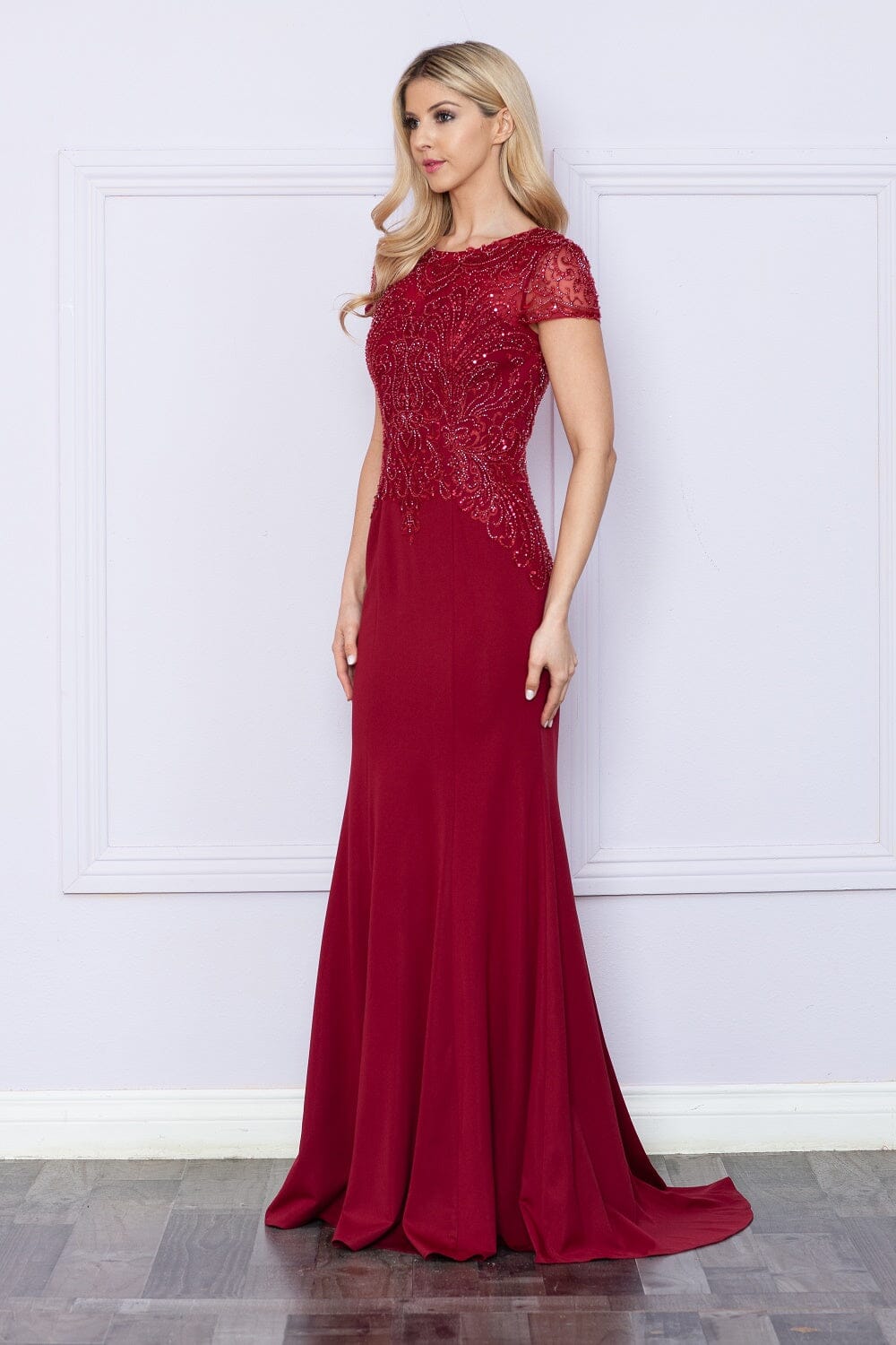 Wine Scoop Neckline Floor Length Chiffon Prom Dress with Sweep Train Formal Gown Poly USA 9320