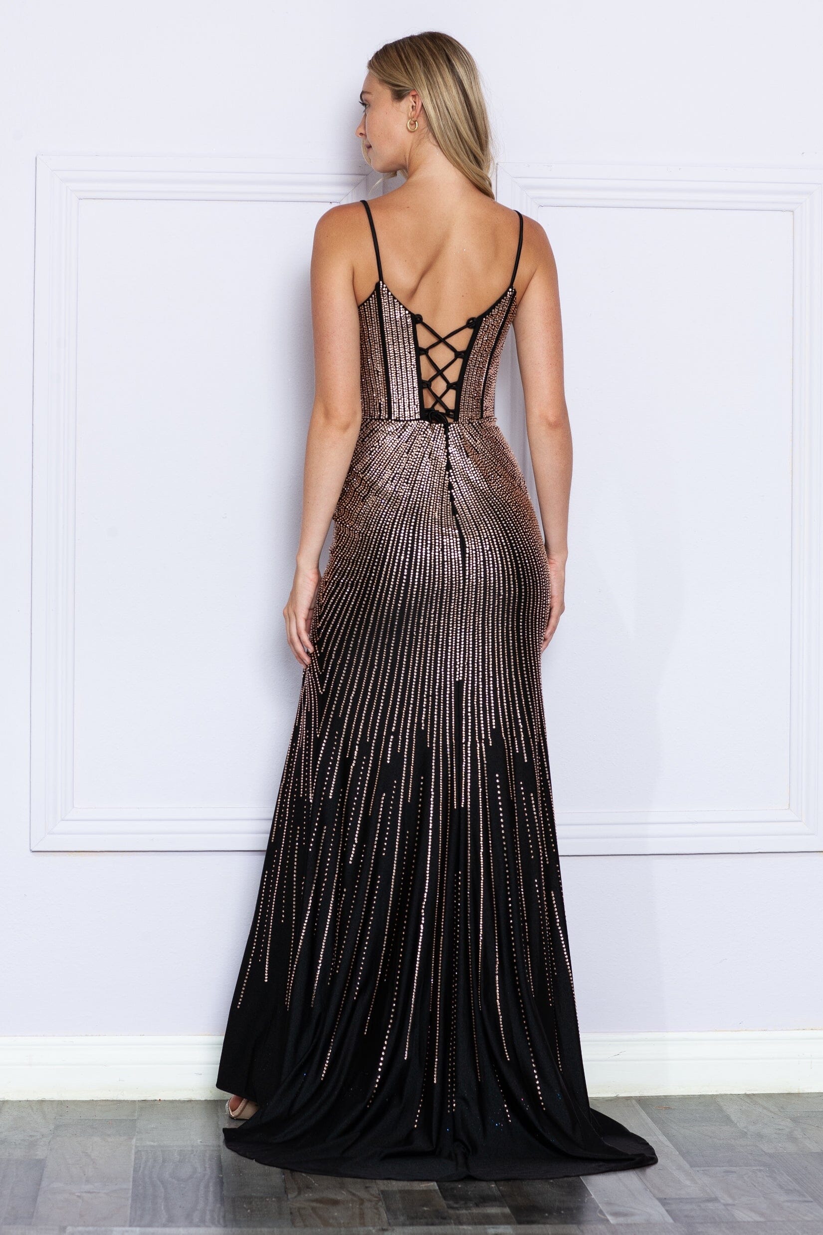 Black/Rose Gold Sweetheart Floor Length Beaded Prom Gown with Sweep Train Formal Dress Poly USA 9266
