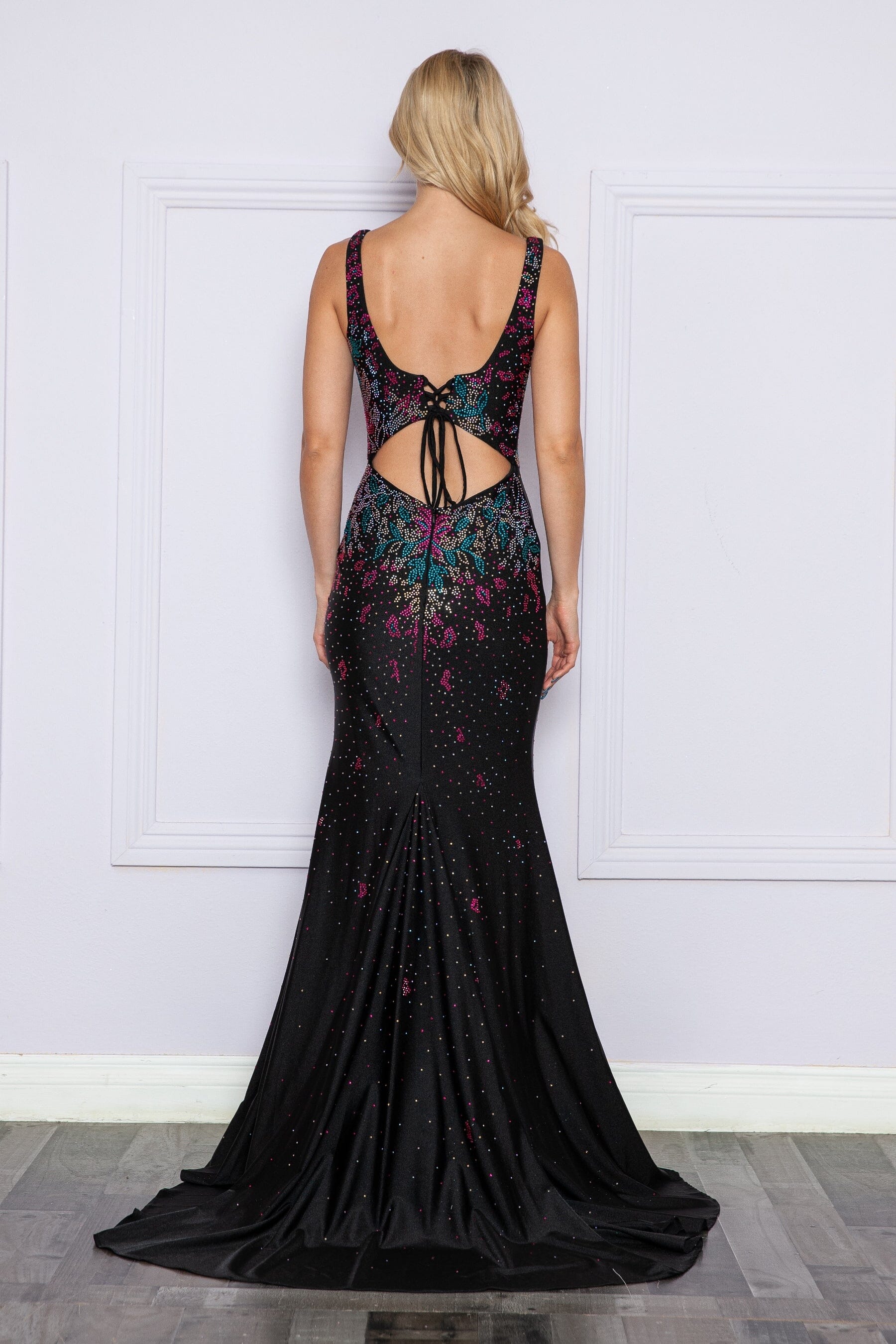 Black/Multi Square Neck Floor-Length Sequin Dress with Side Slit and Lace-Up Back Prom Gown Poly USA 9270