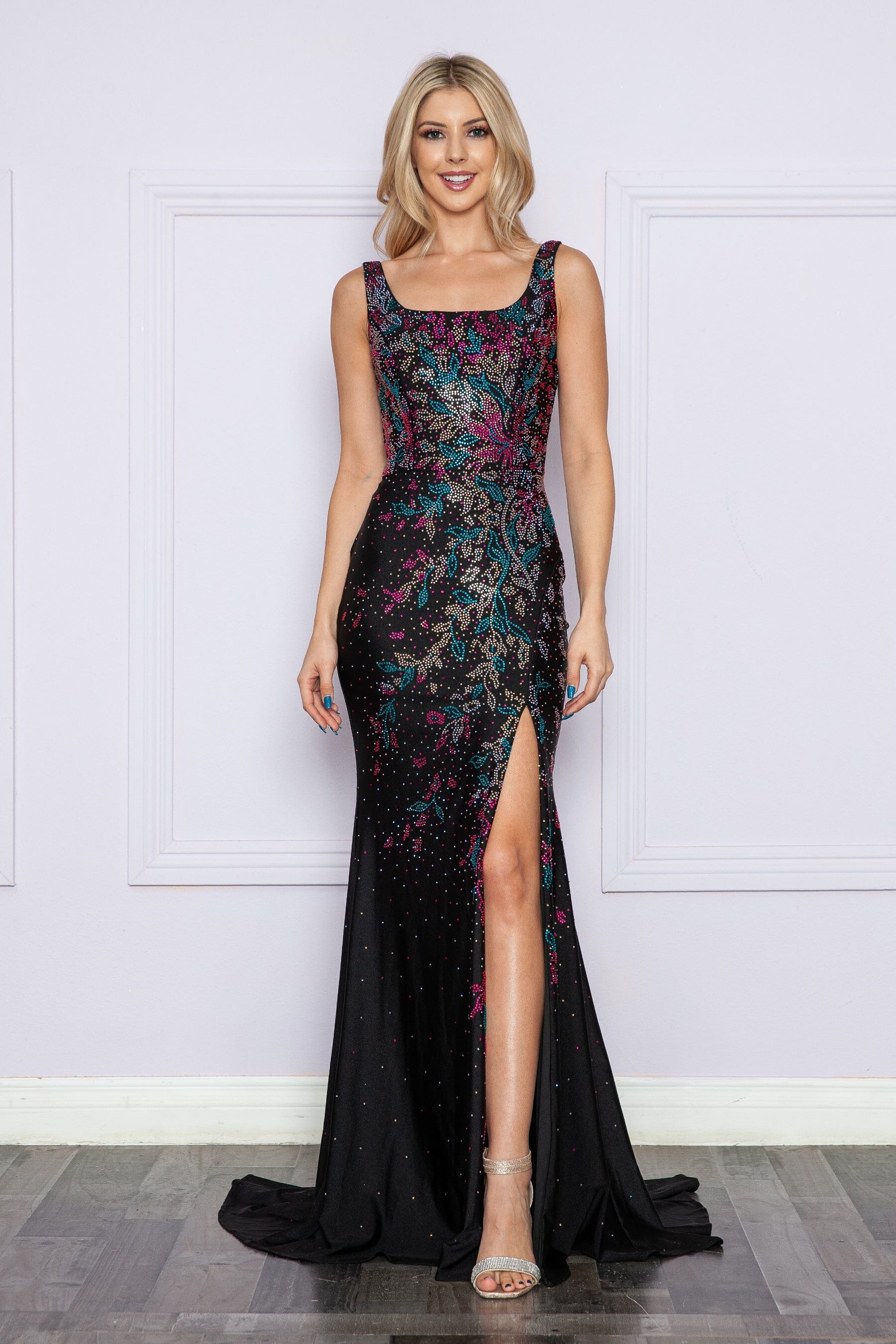 Black/Multi Square Neck Floor-Length Sequin Dress with Side Slit and Lace-Up Back Prom Gown Poly USA 9270