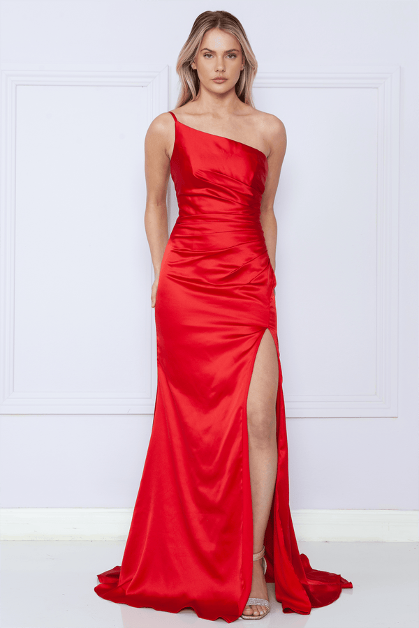 One-Shoulder Floor Length Charmeuse Prom Dress with Sweep Train Formal Gown Poly USA 9030