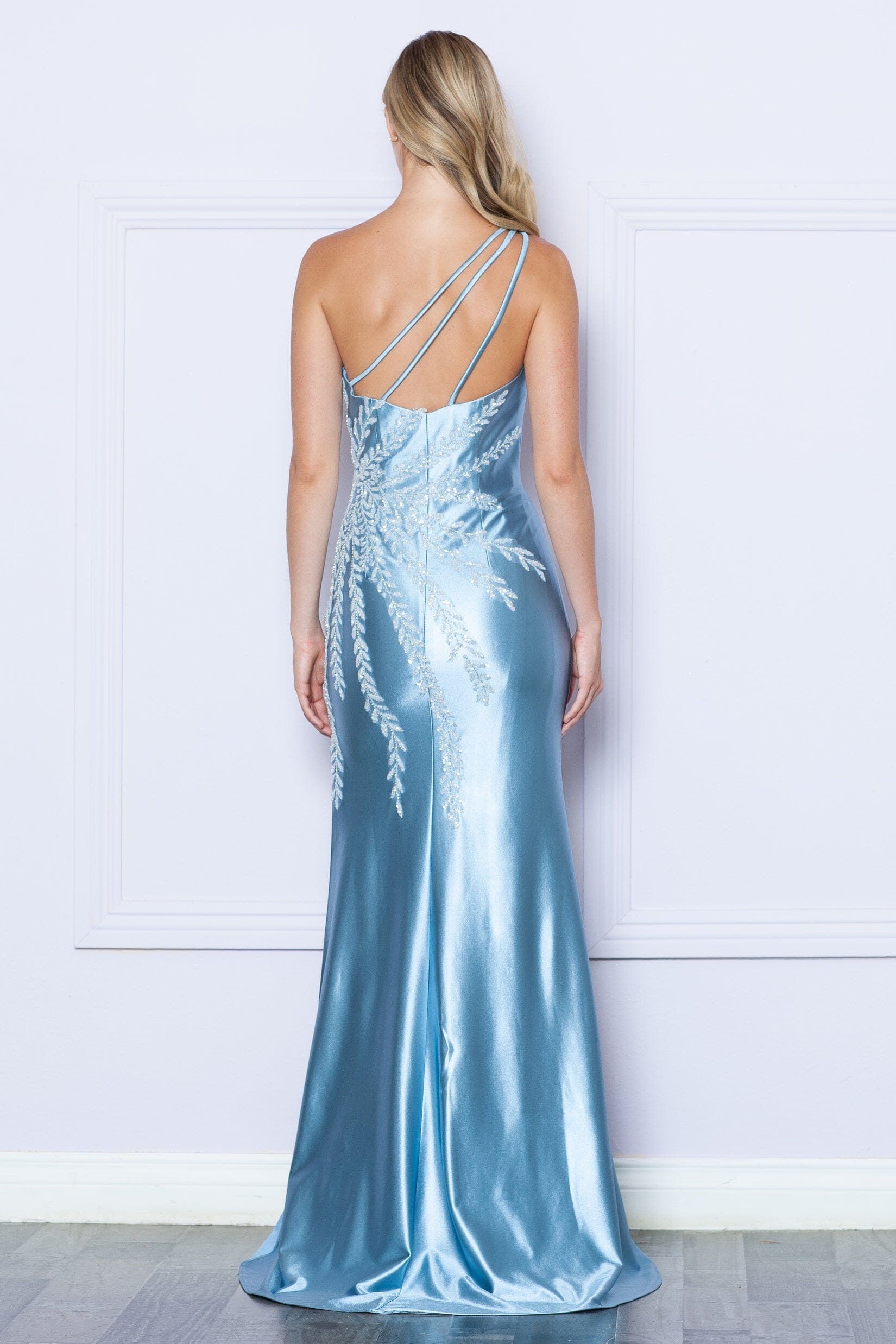 Blue One Shoulder Floor Length Satin Prom Dress with Side Slit Formal Gown Poly USA 9358