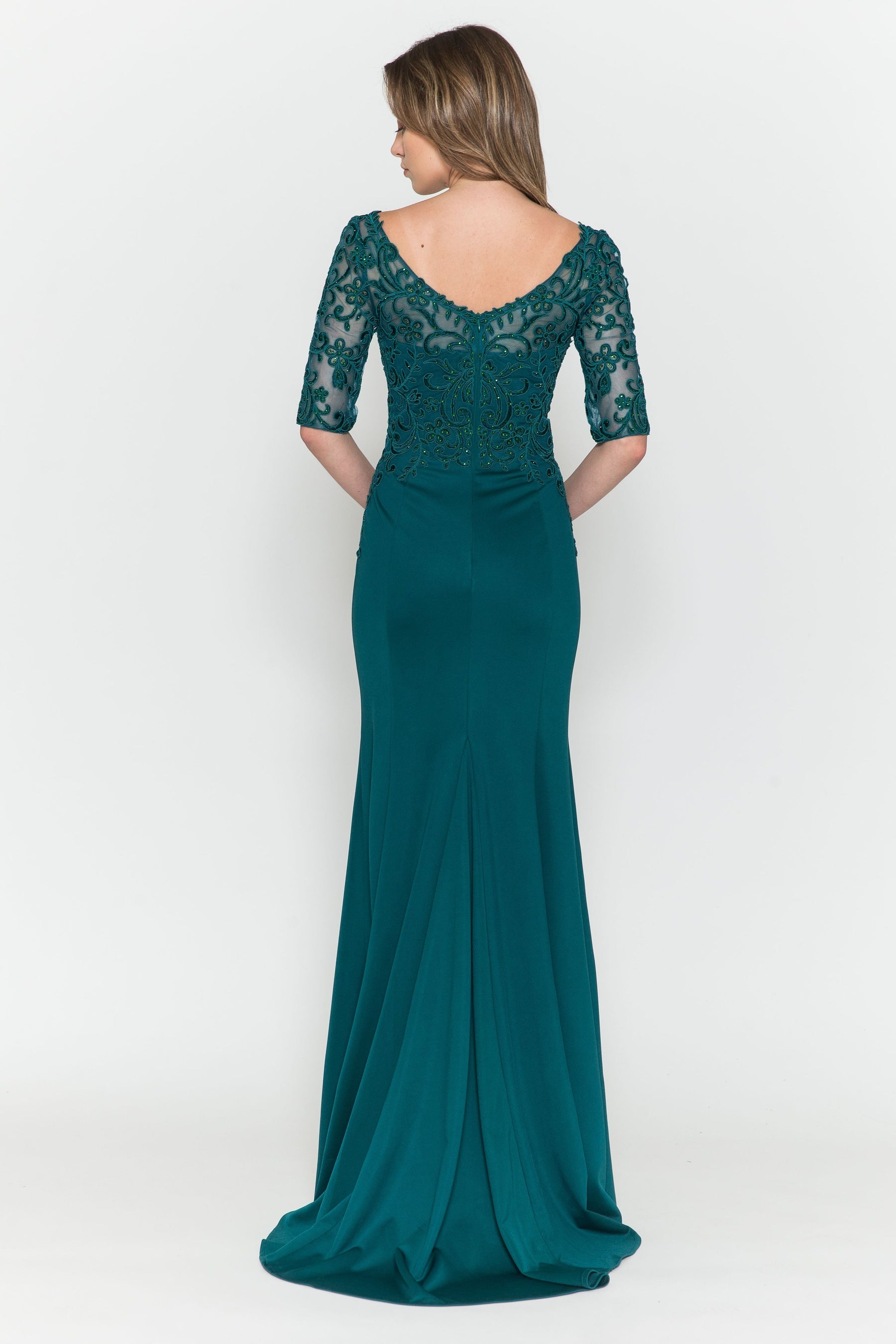 Emerald V-Neck Floor-Length Heavy Jersey Formal Gown with Embroidered Bodice Poly USA 8560