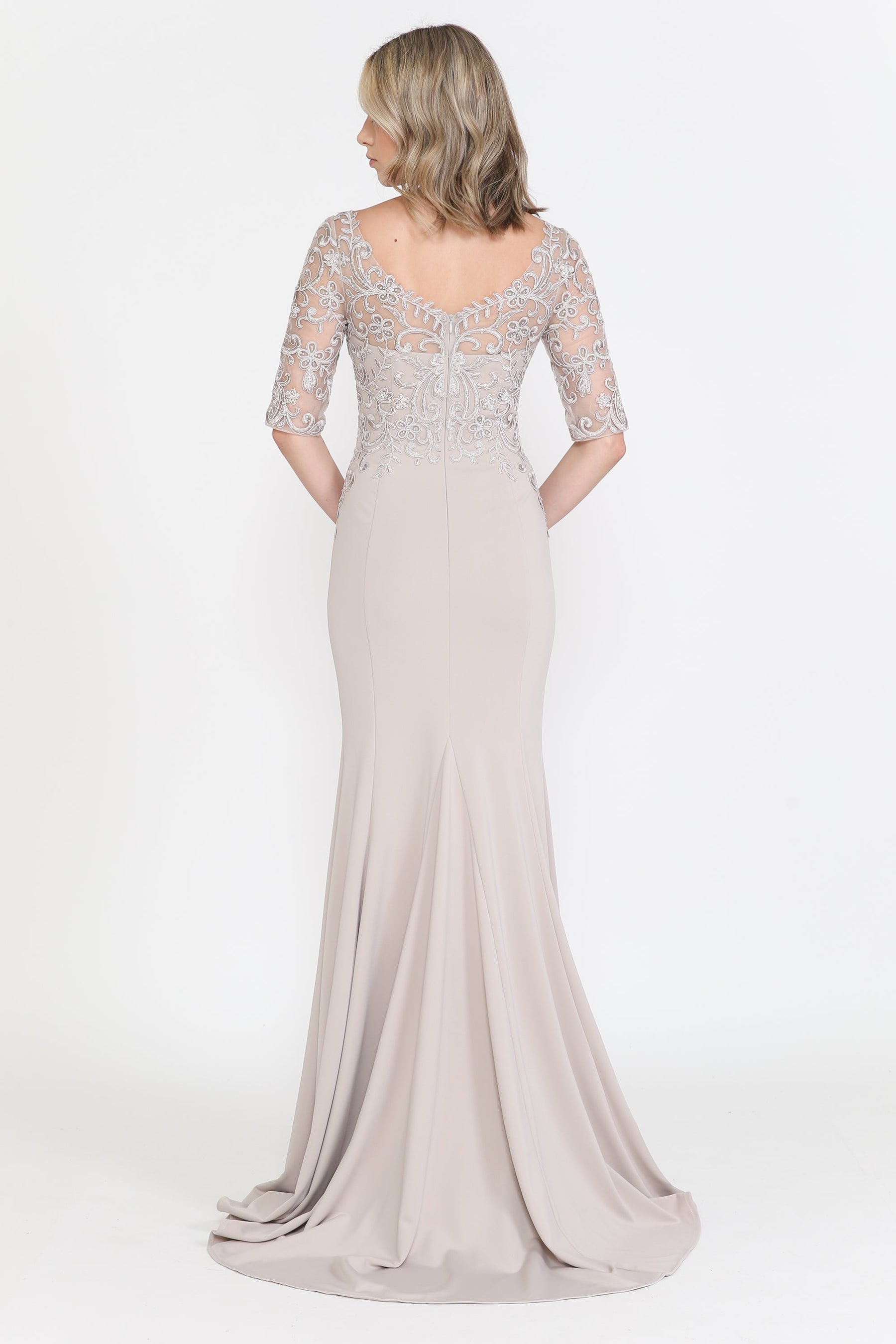 Mocha V-Neck Floor-Length Heavy Jersey Formal Gown with Embroidered Bodice Poly USA 8560