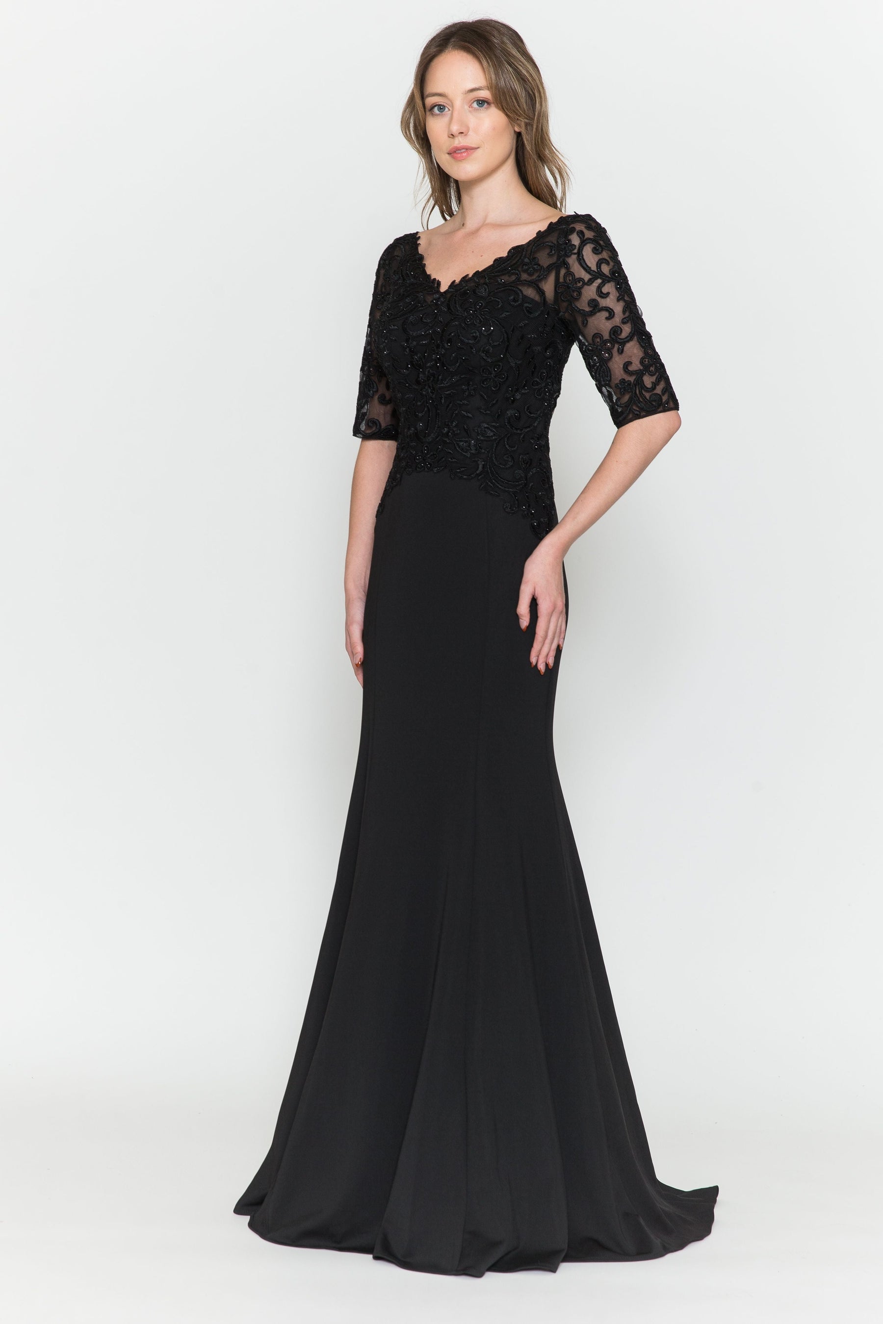 Black V-Neck Floor-Length Heavy Jersey Formal Gown with Embroidered Bodice Poly USA 8560