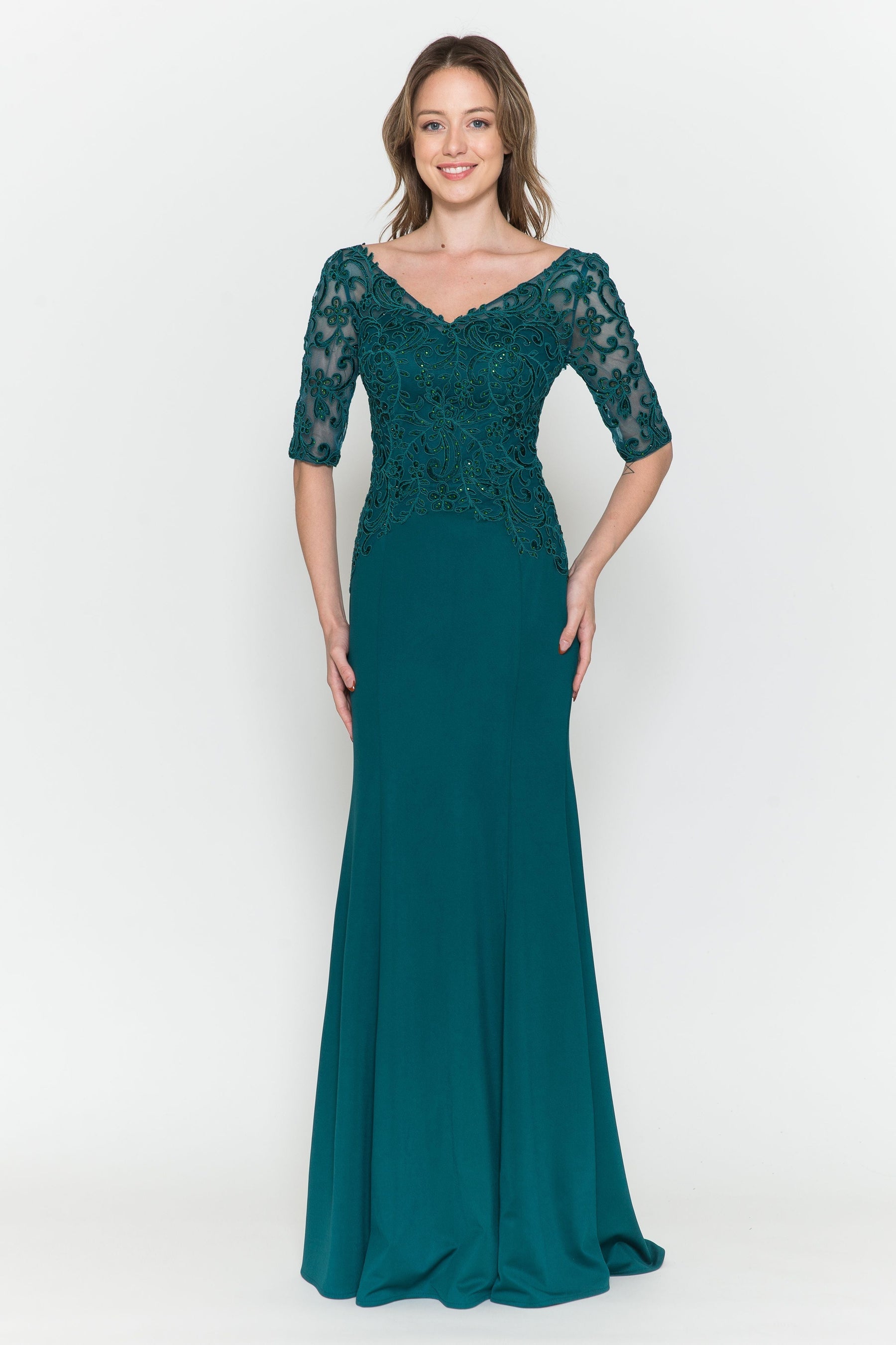 Emerald V-Neck Floor-Length Heavy Jersey Formal Gown with Embroidered Bodice Poly USA 8560