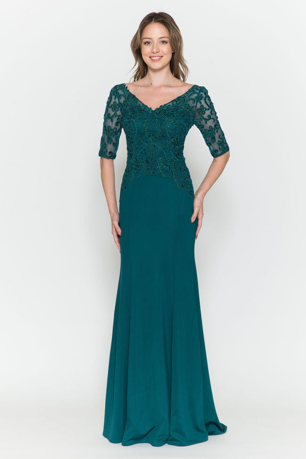 V-Neck Floor-Length Heavy Jersey Formal Gown with Embroidered Bodice Poly USA 8560