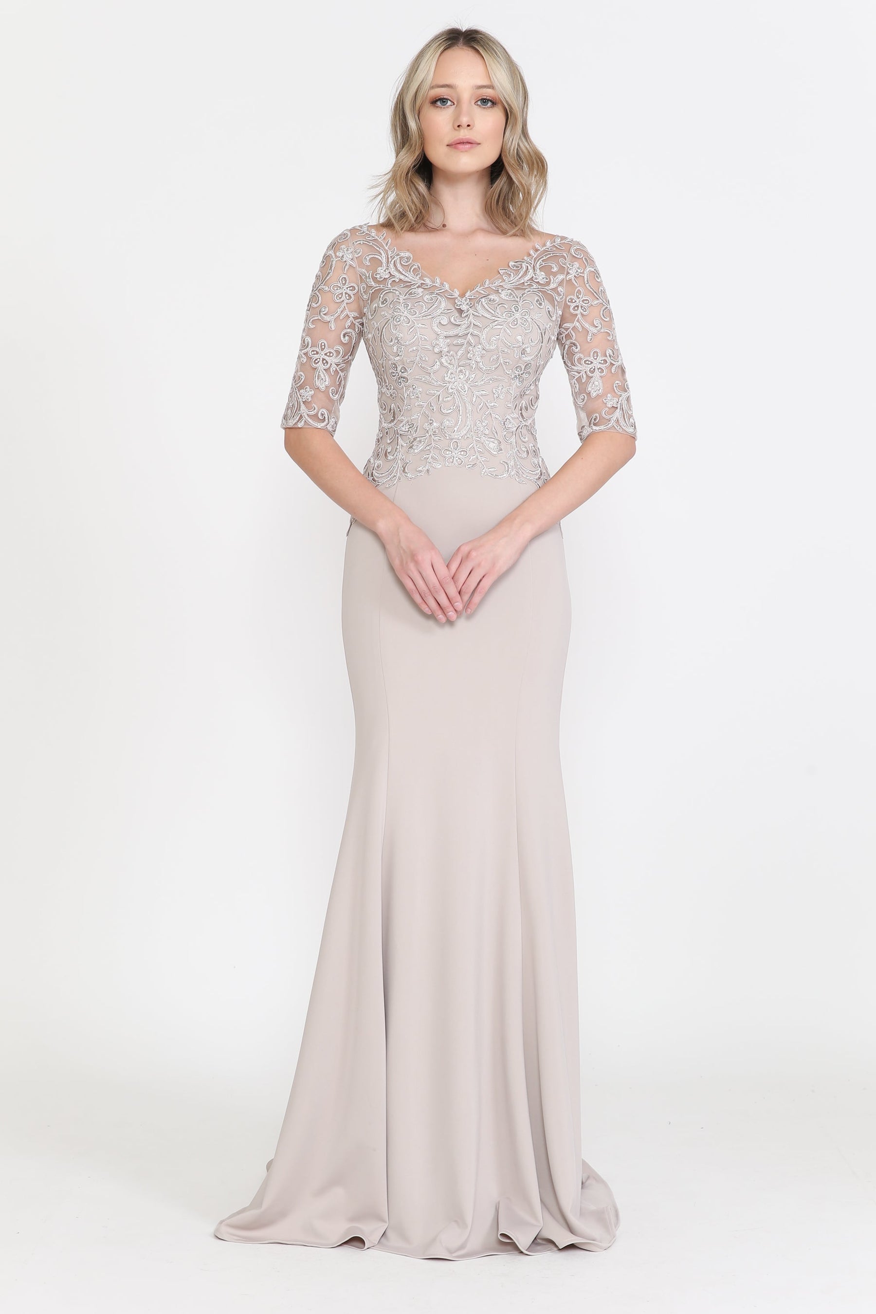 Mocha V-Neck Floor-Length Heavy Jersey Formal Gown with Embroidered Bodice Poly USA 8560