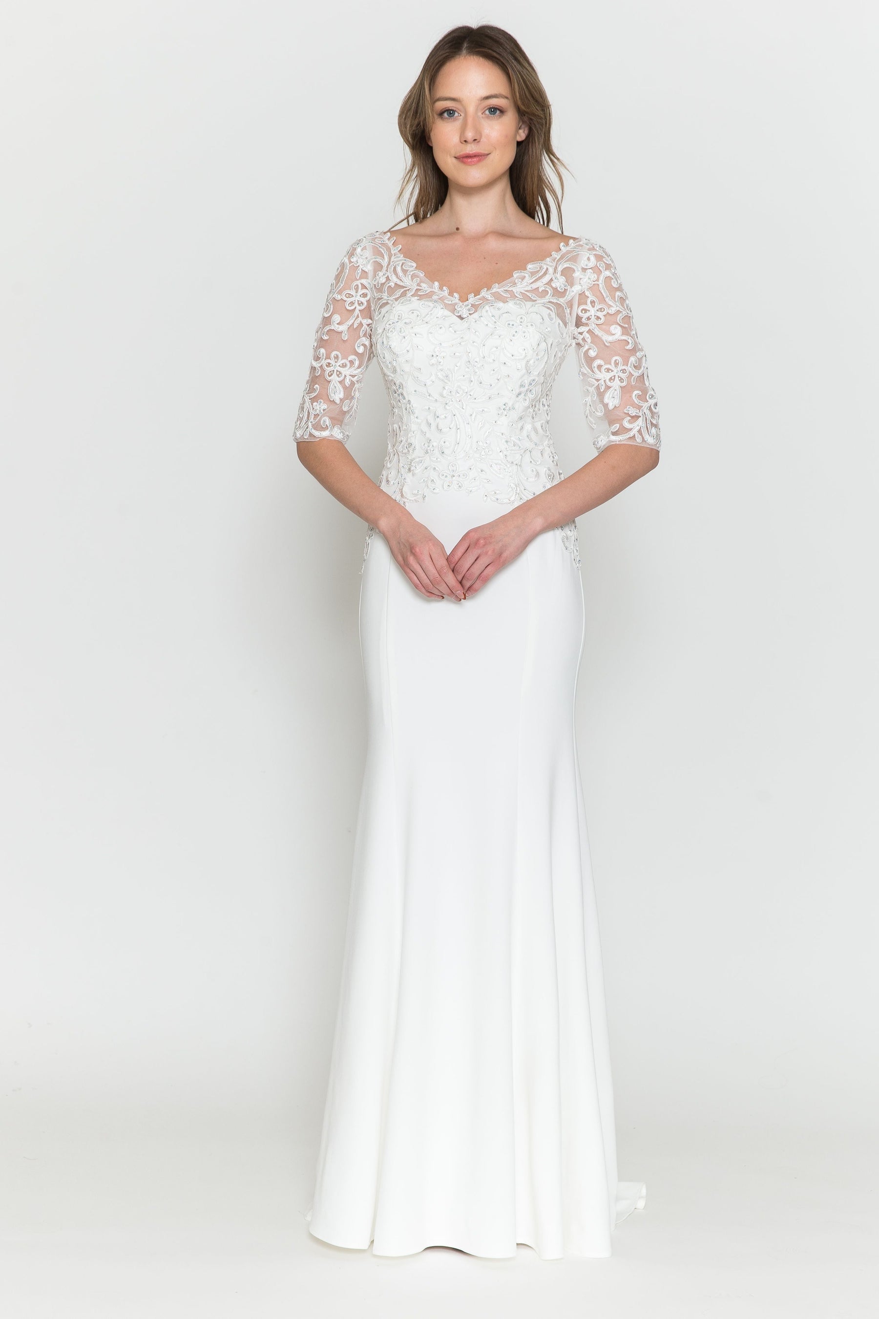 Off White V-Neck Floor-Length Heavy Jersey Wedding Gown with Embroidered Bodice Poly USA 8560