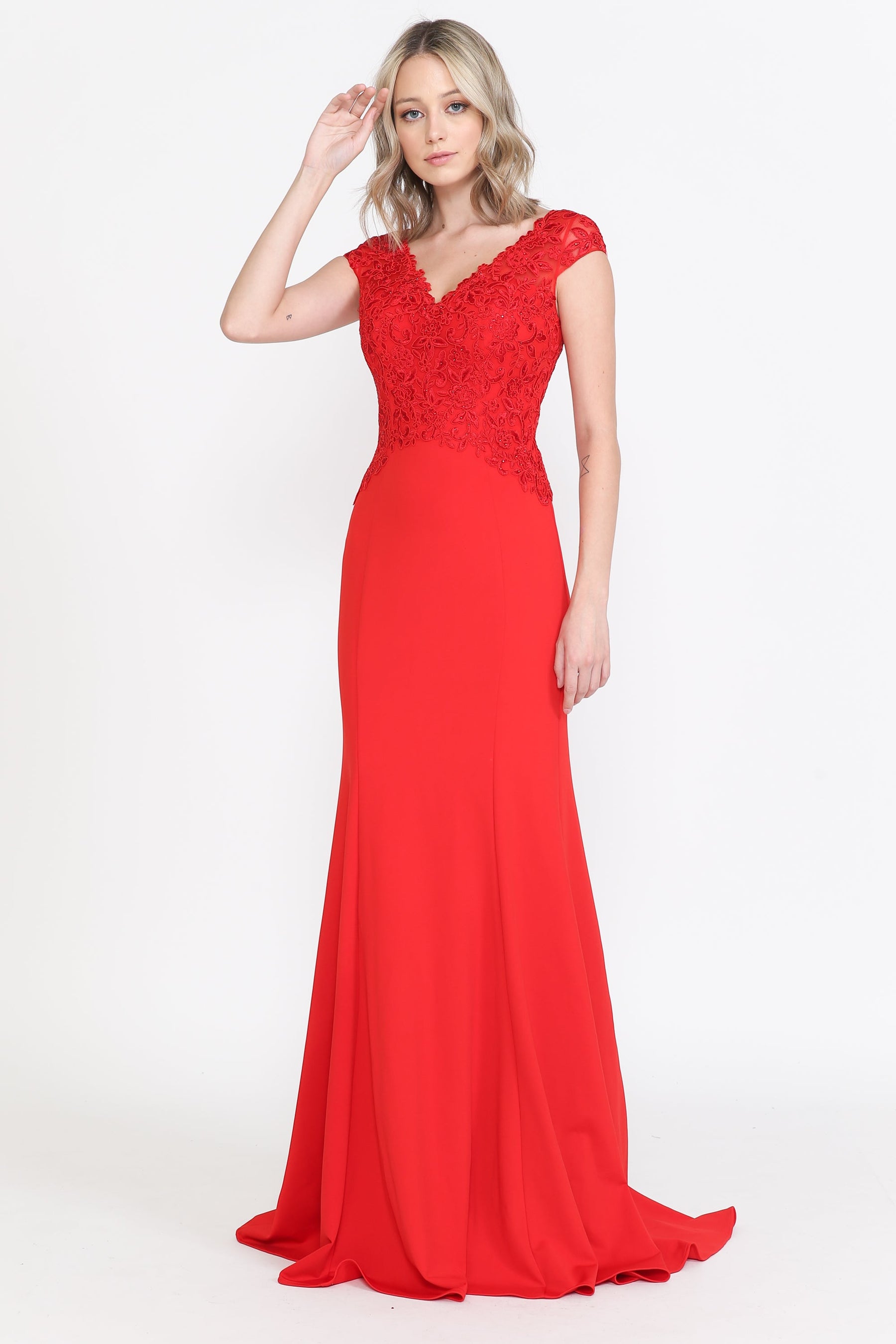 Red V-Neck Floor-Length Jersey Formal Dress with High Slit Poly USA 8558