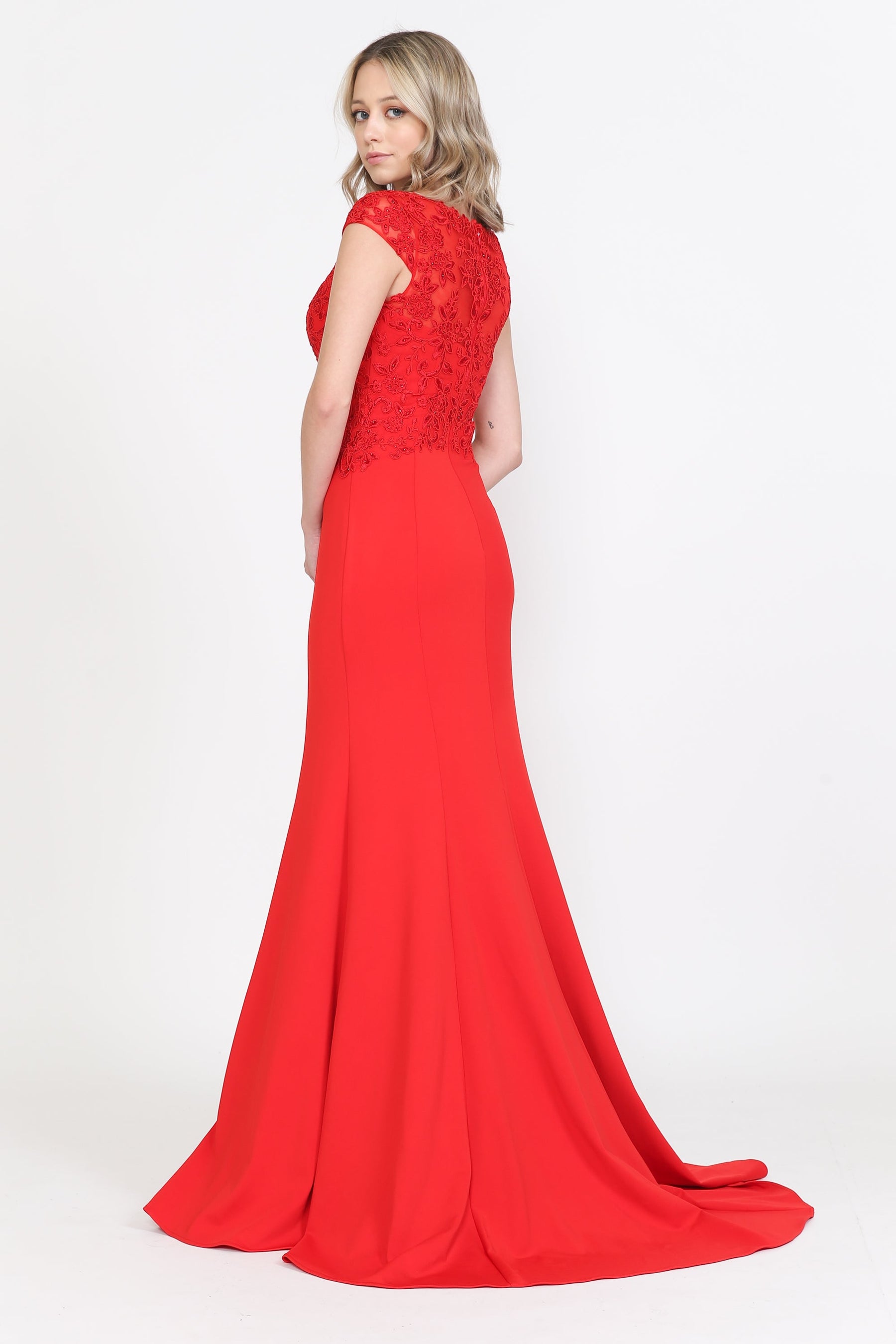 Red V-Neck Floor-Length Jersey Formal Dress with High Slit Poly USA 8558