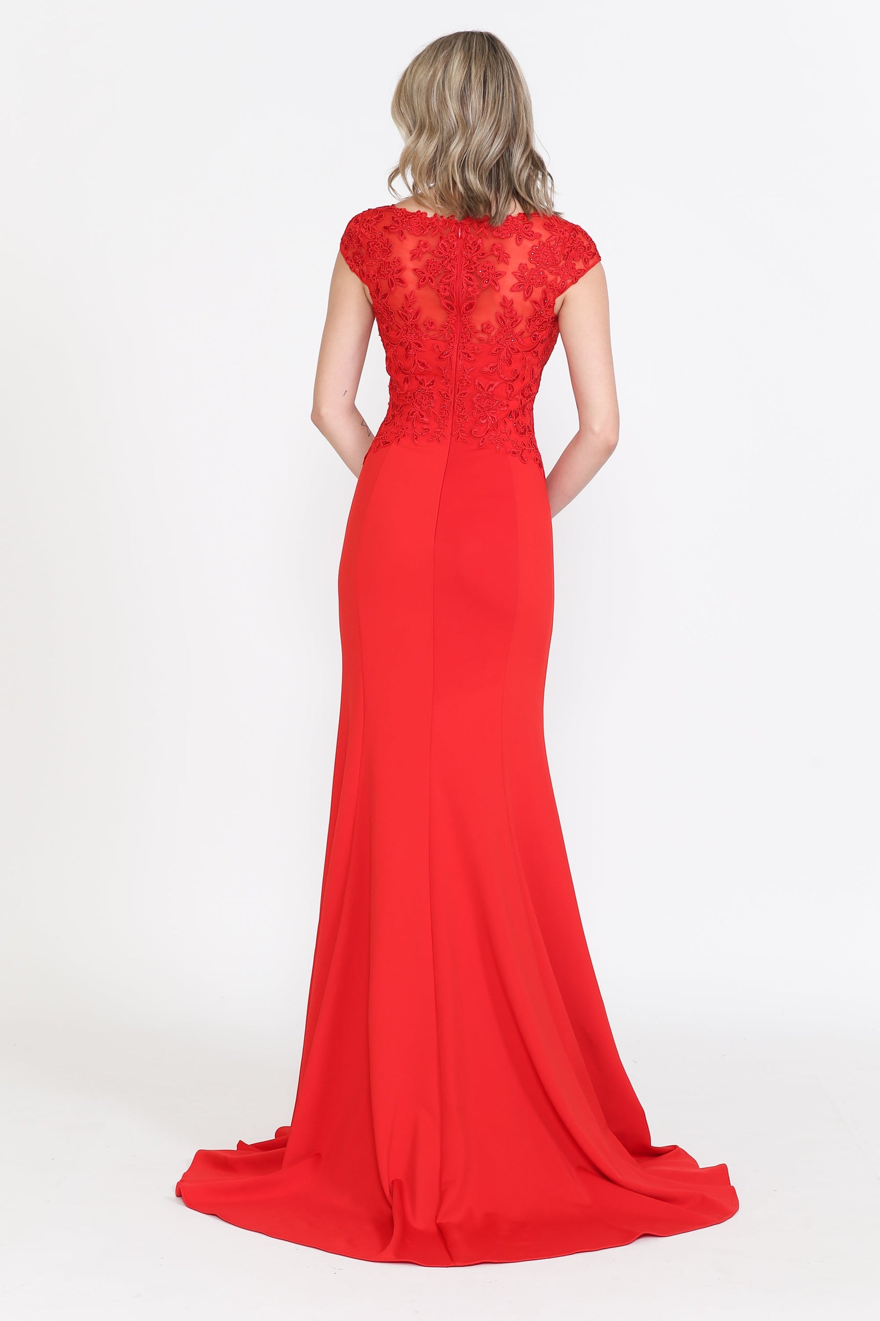 Red V-Neck Floor-Length Jersey Formal Dress with High Slit Poly USA 8558