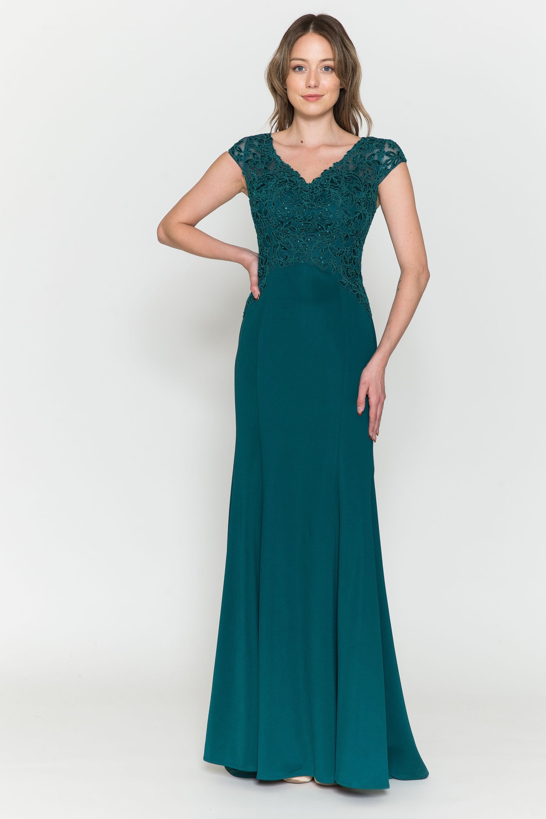 Emerald V-Neck Floor-Length Jersey Formal Dress with High Slit Poly USA 8558