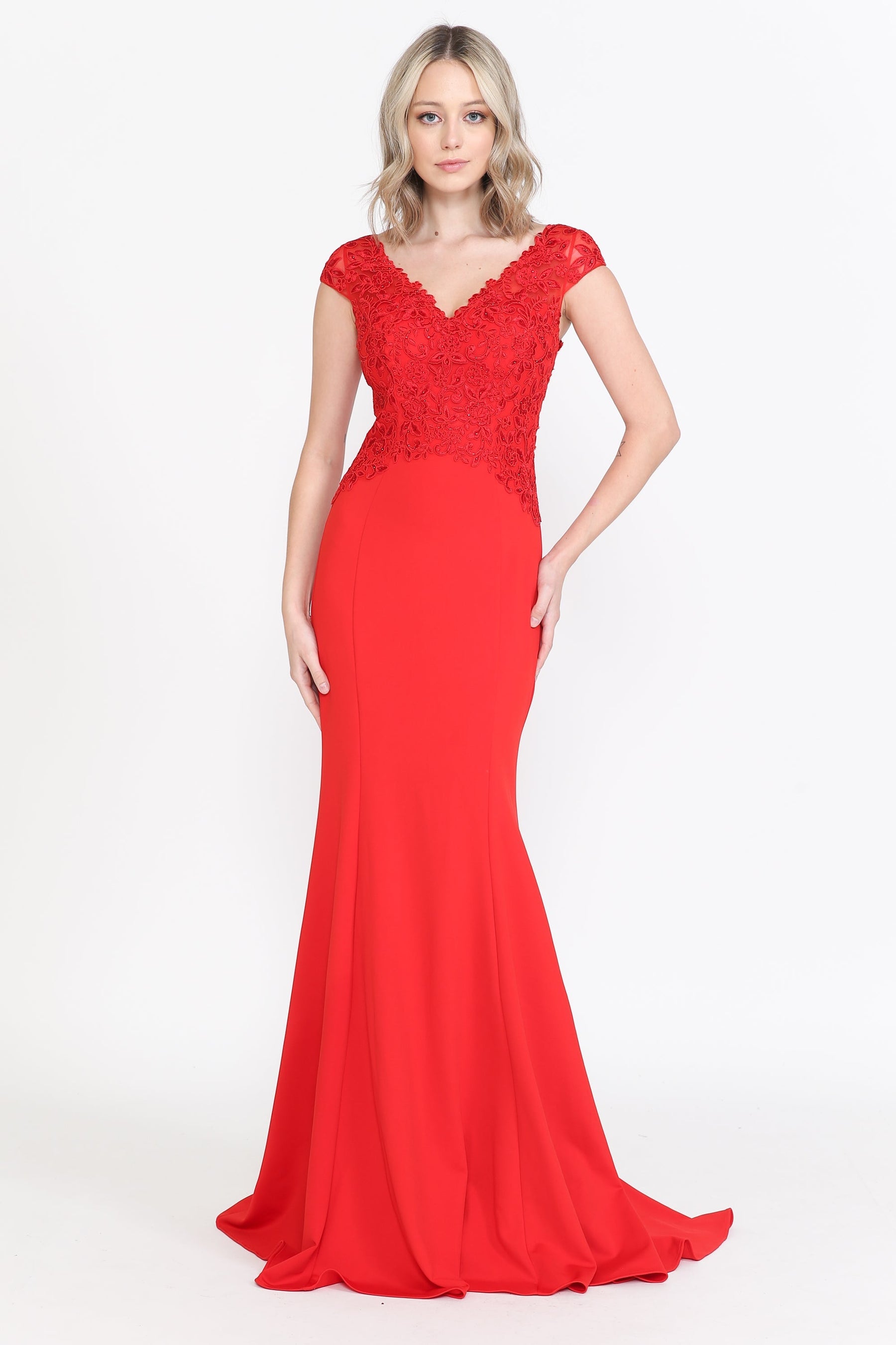 Red V-Neck Floor-Length Jersey Formal Dress with High Slit Poly USA 8558