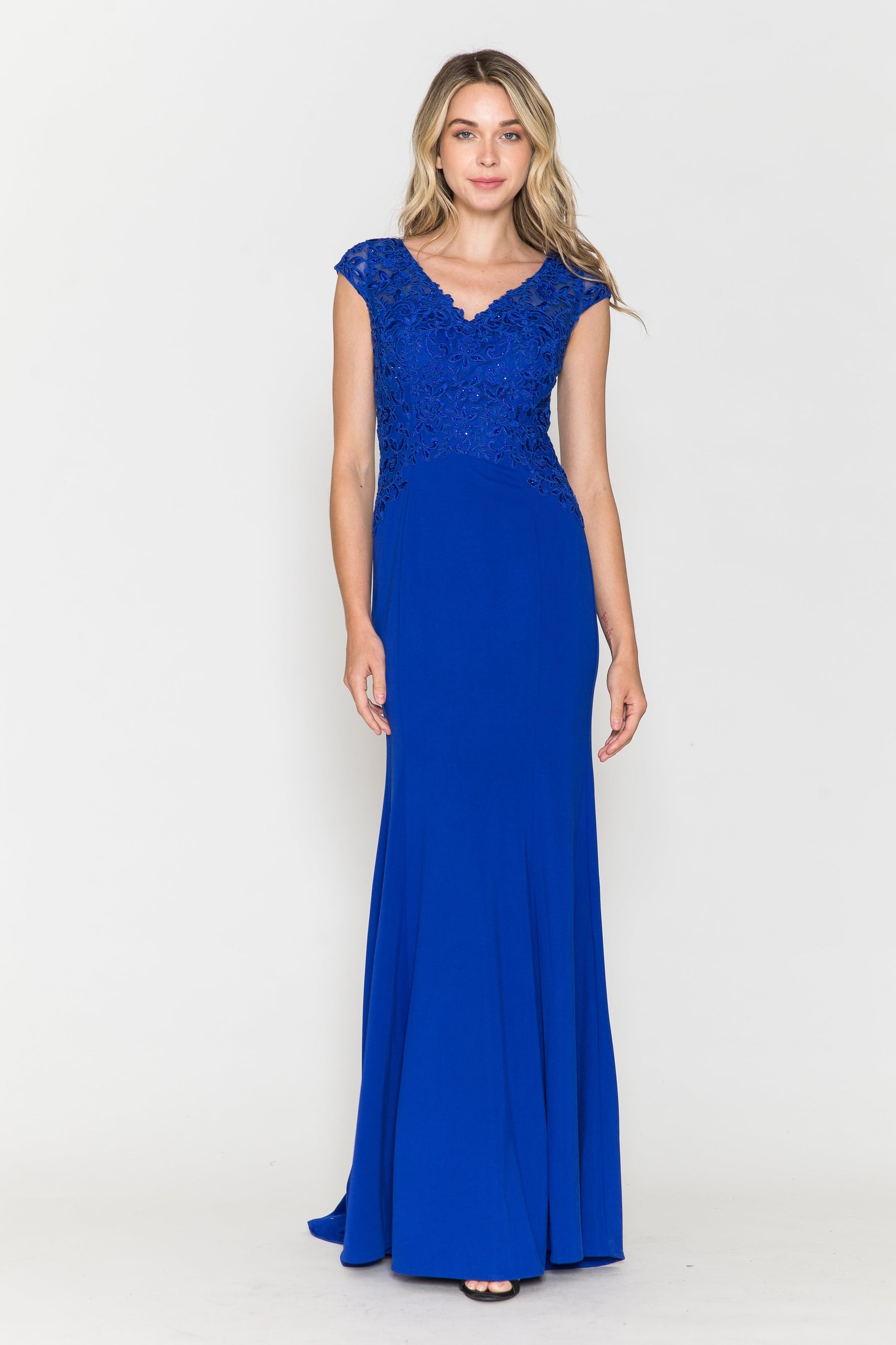 Royal V-Neck Floor-Length Jersey Formal Dress with High Slit Poly USA 8558