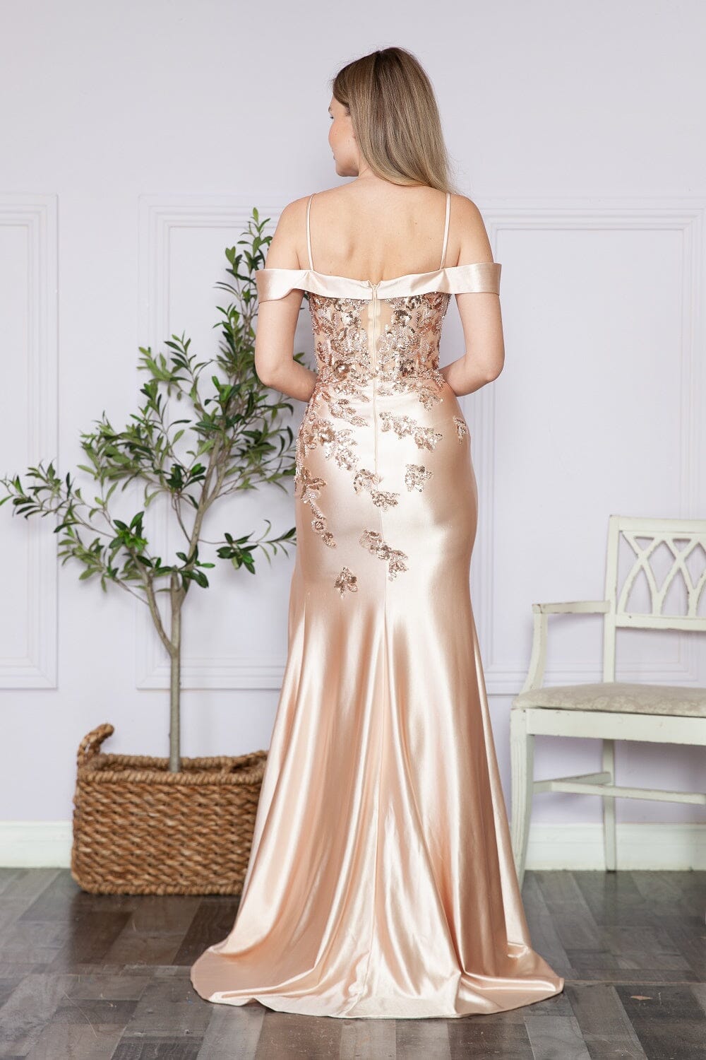 Champagne Sweetheart Floor Length Satin Sequin Dress with Side Slit Formal Gown Poly USA 9350