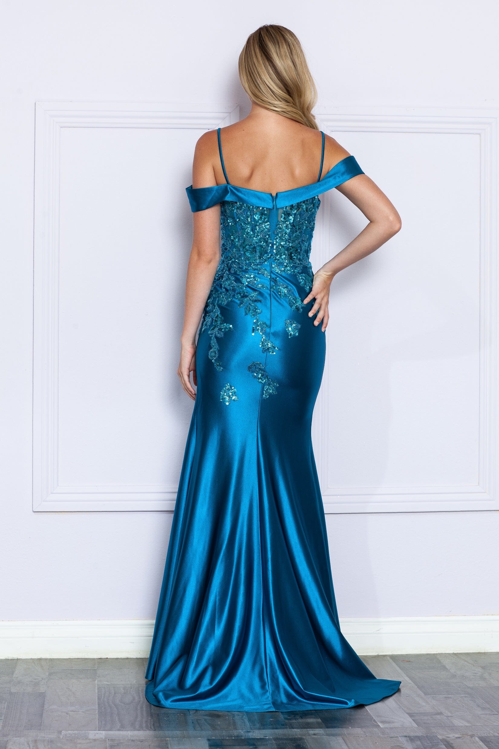 Teal Sweetheart Floor Length Satin Sequin Dress with Side Slit Formal Gown Poly USA 9350