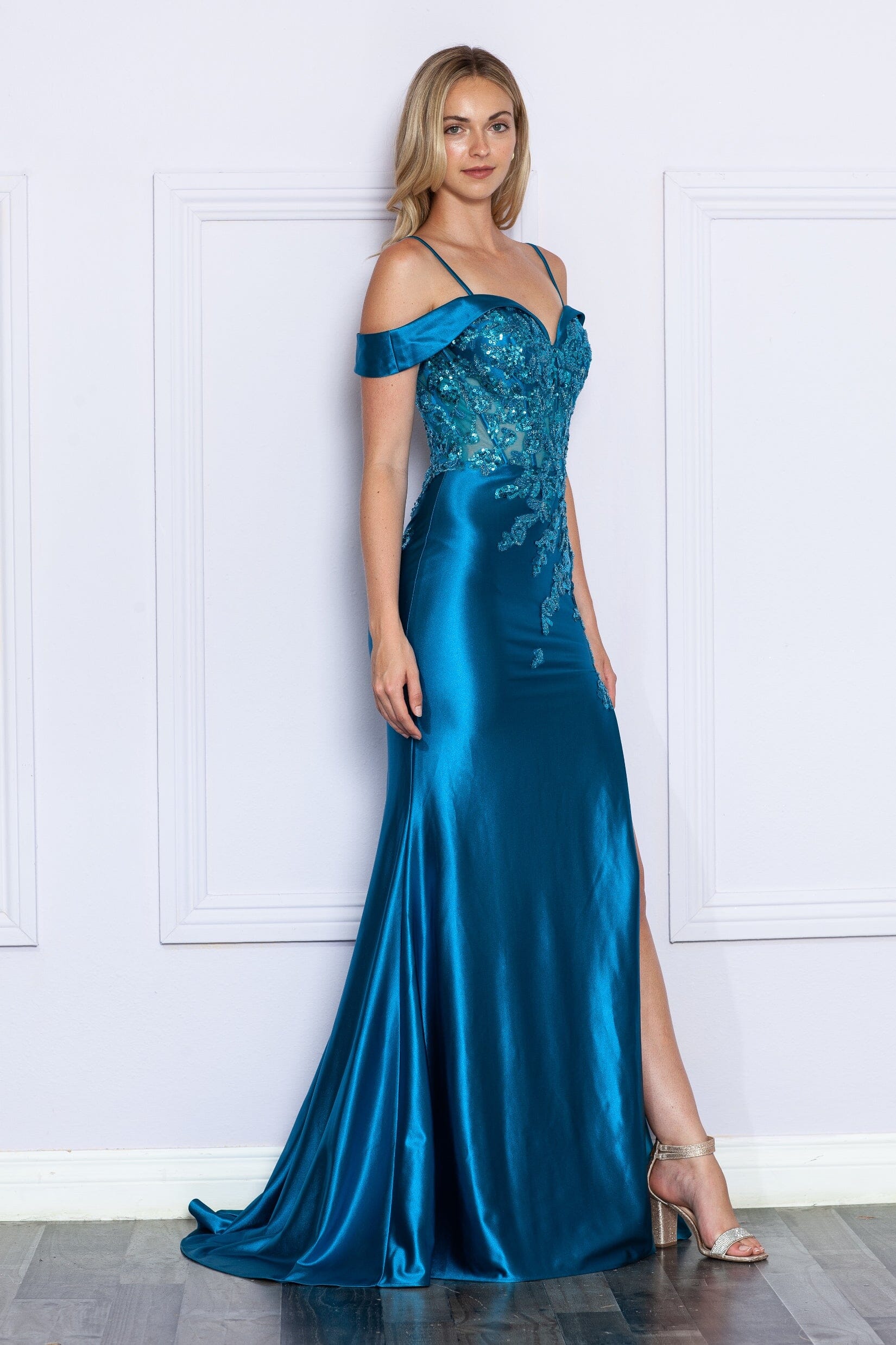 Teal Sweetheart Floor Length Satin Sequin Dress with Side Slit Formal Gown Poly USA 9350