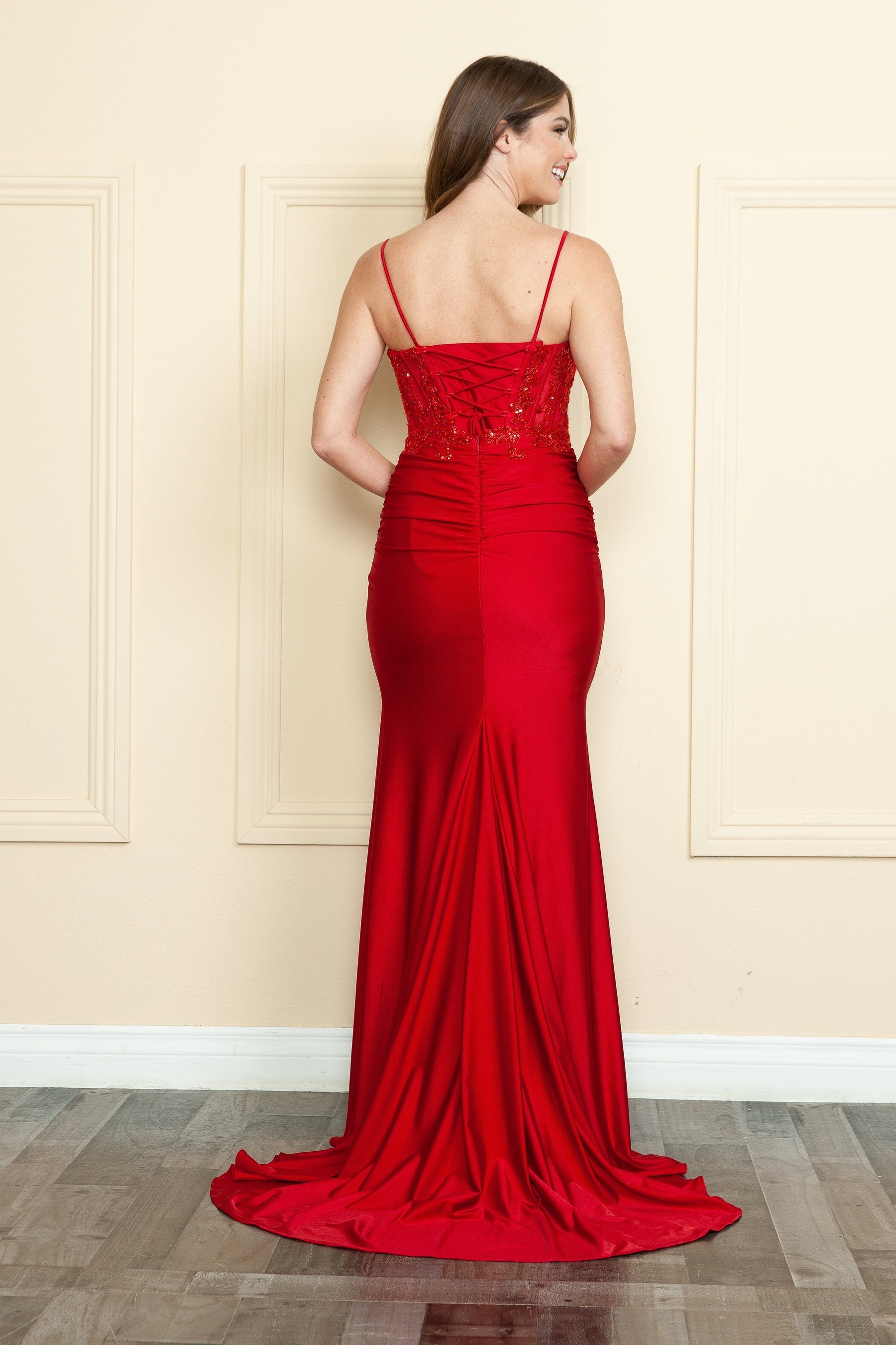 Red V-Neck Floor-Length Jersey Prom Gown with Embroidered Corset Formal Gown Poly USA 9138