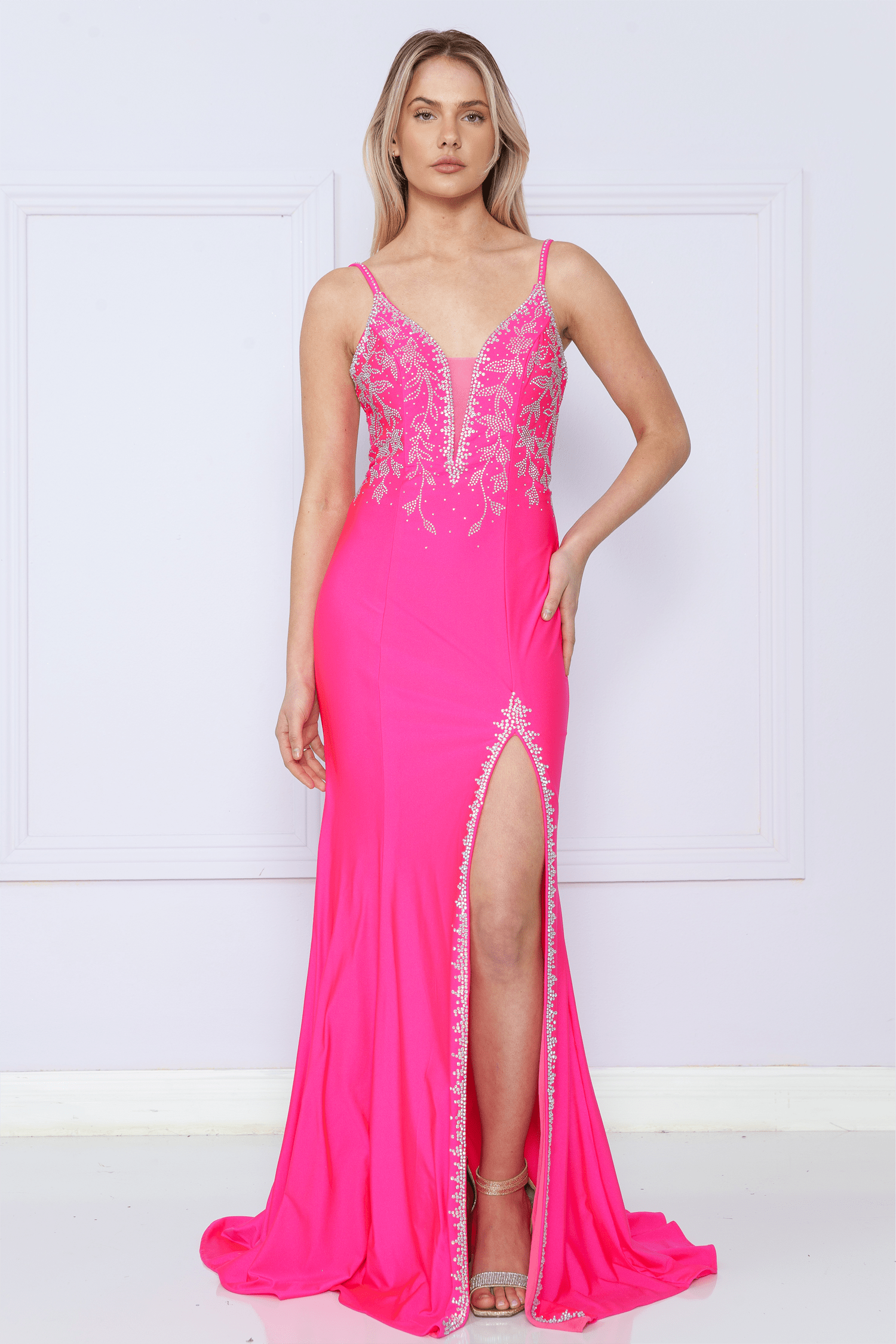 Hot Pink V-Neck Floor-Length Jersey Prom Gown with High Slit Formal Dress Poly USA 9120